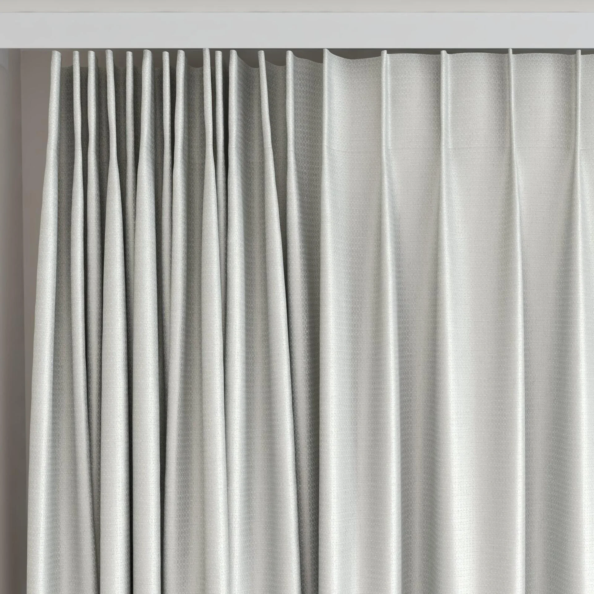 Top view of Kennedy FR Blackout Moonstone, on curtain rail