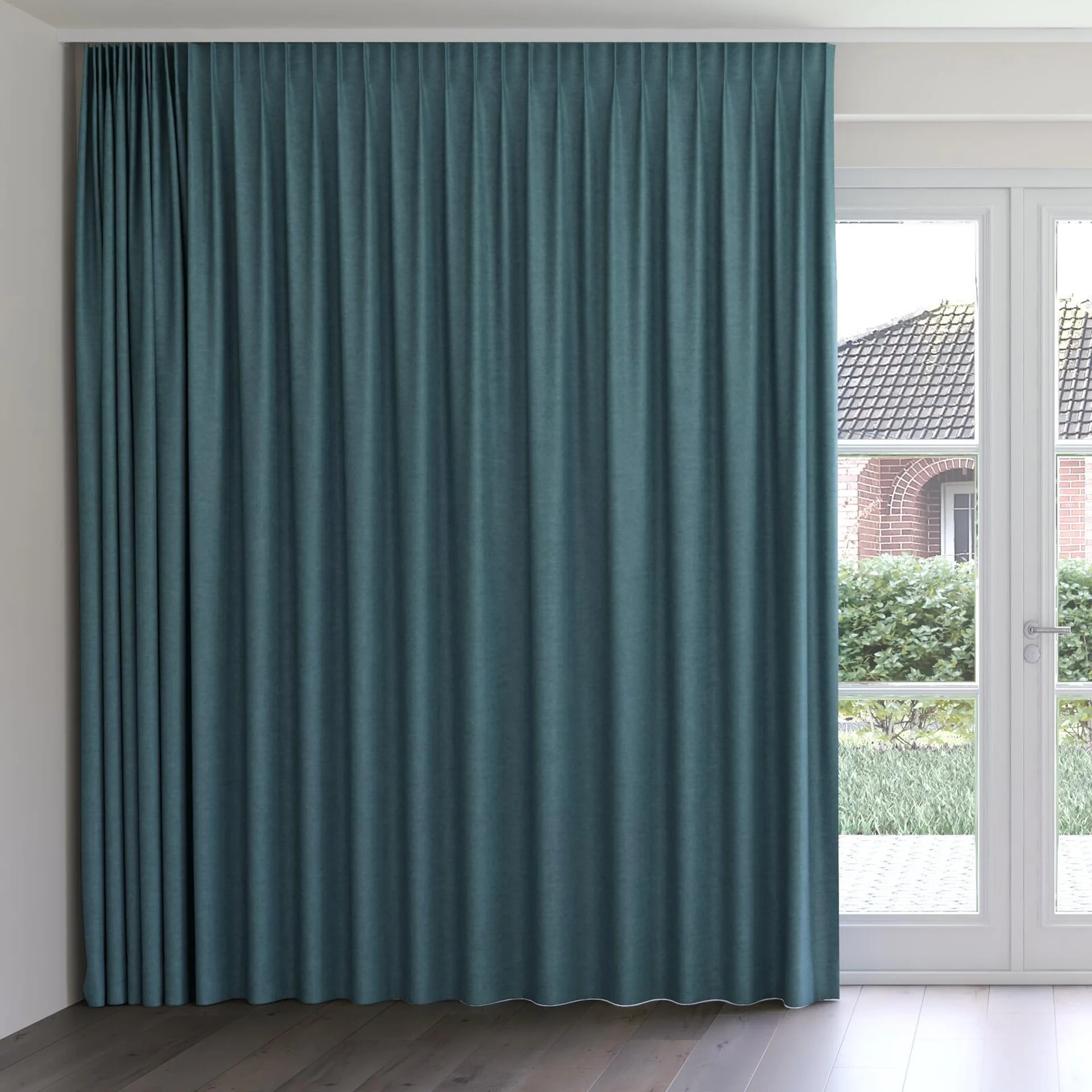 Front view of Colourwash Peacock, on curtain rail
