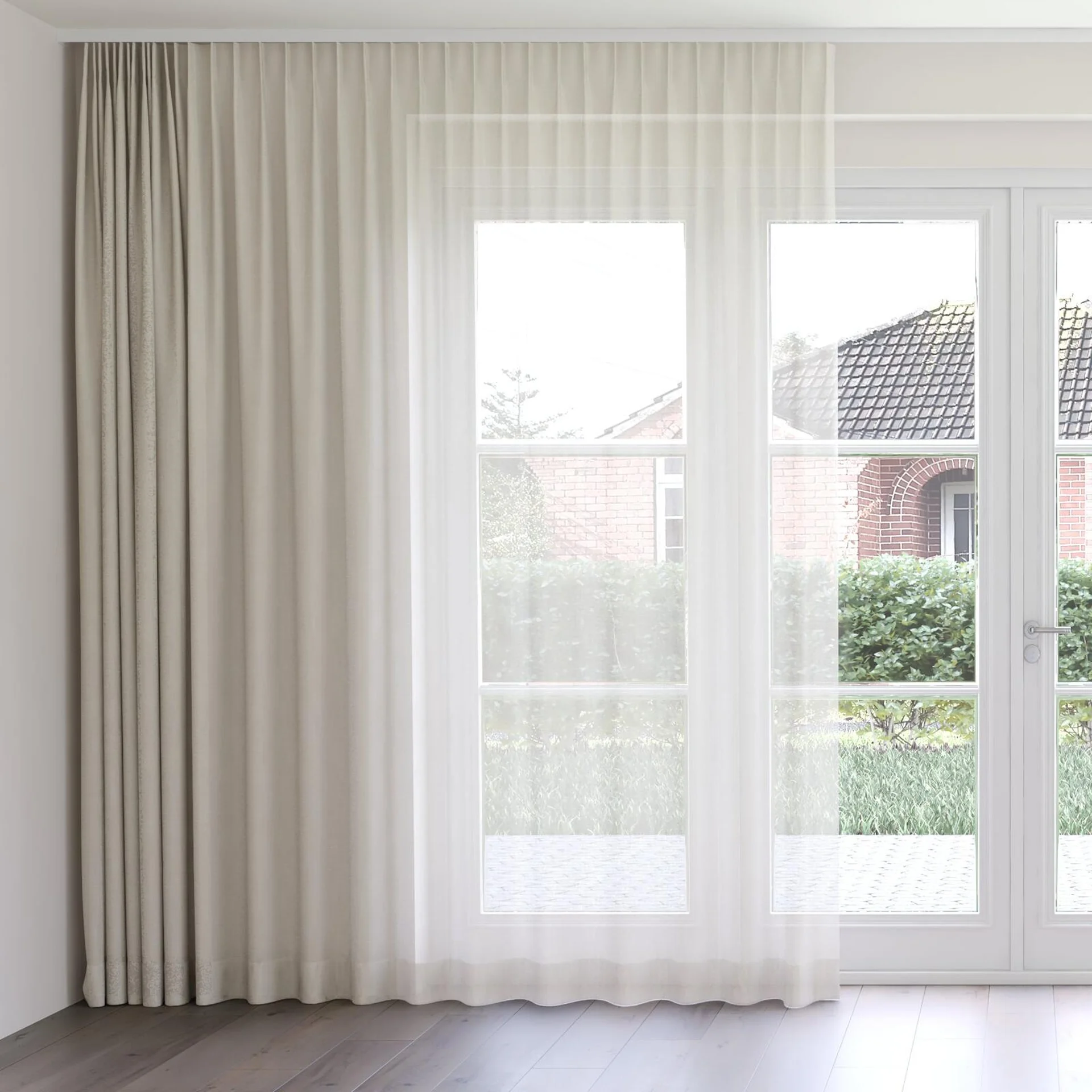 Front view of Gesso Lino Linen, on curtain rail