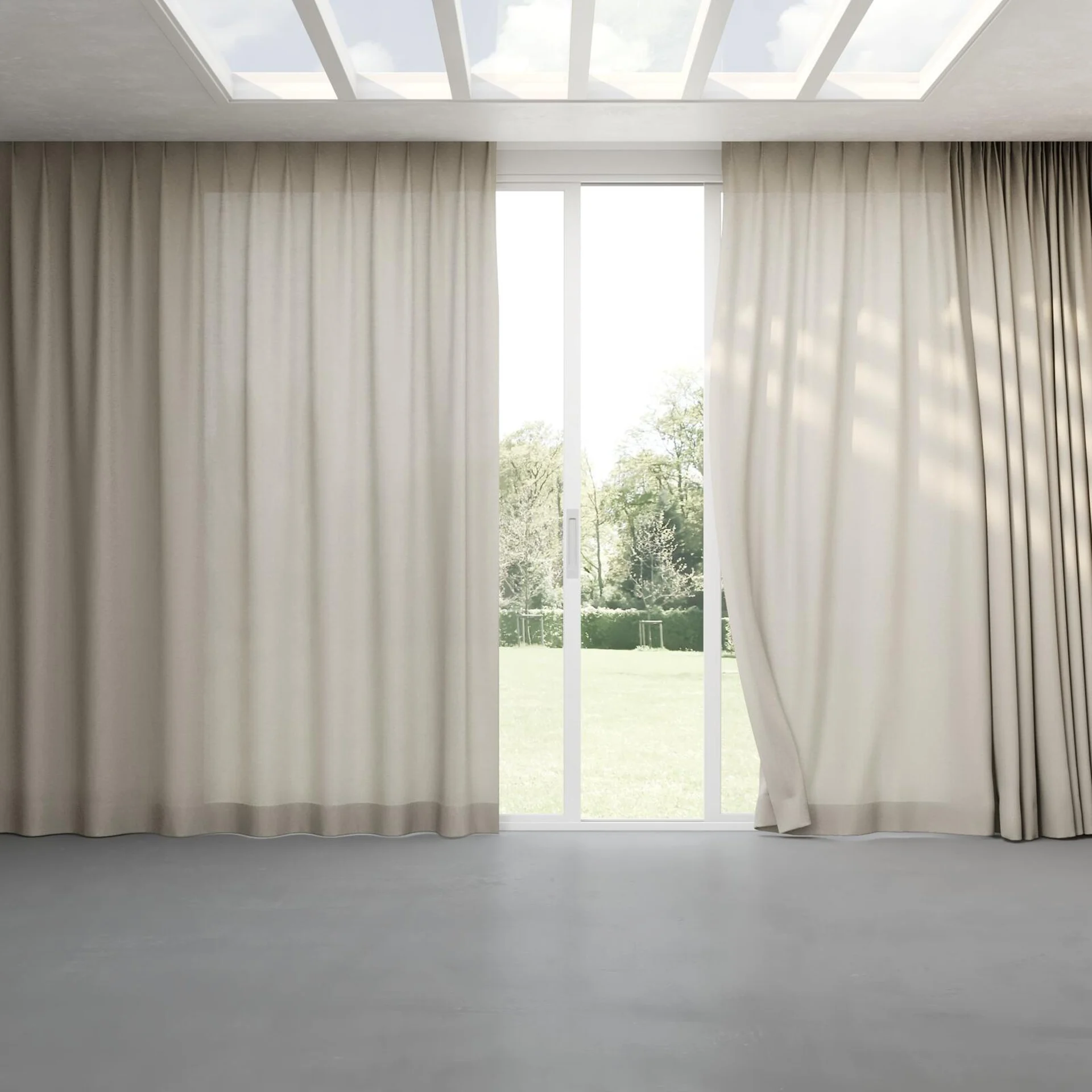 Full view of Envoy 2 Oatmeal 320cm, pinch pleat