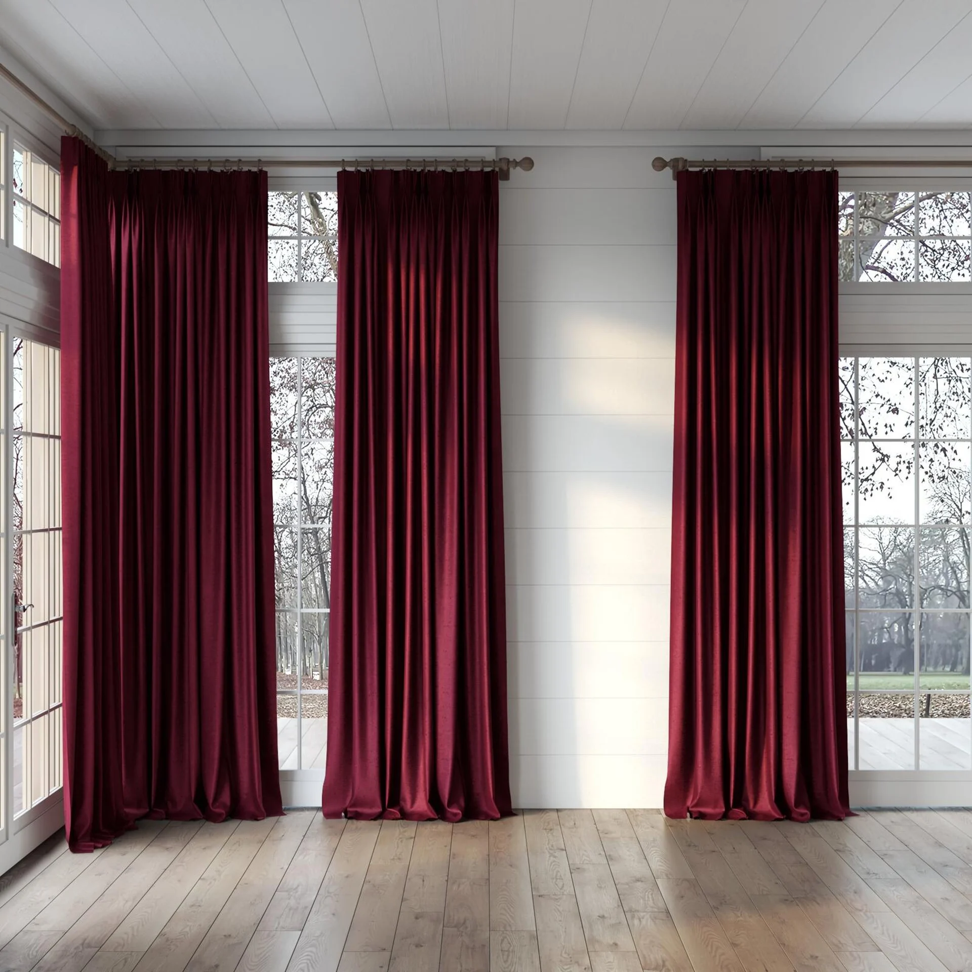 Full view of Hug Burgundy, puddled, on curtain rod