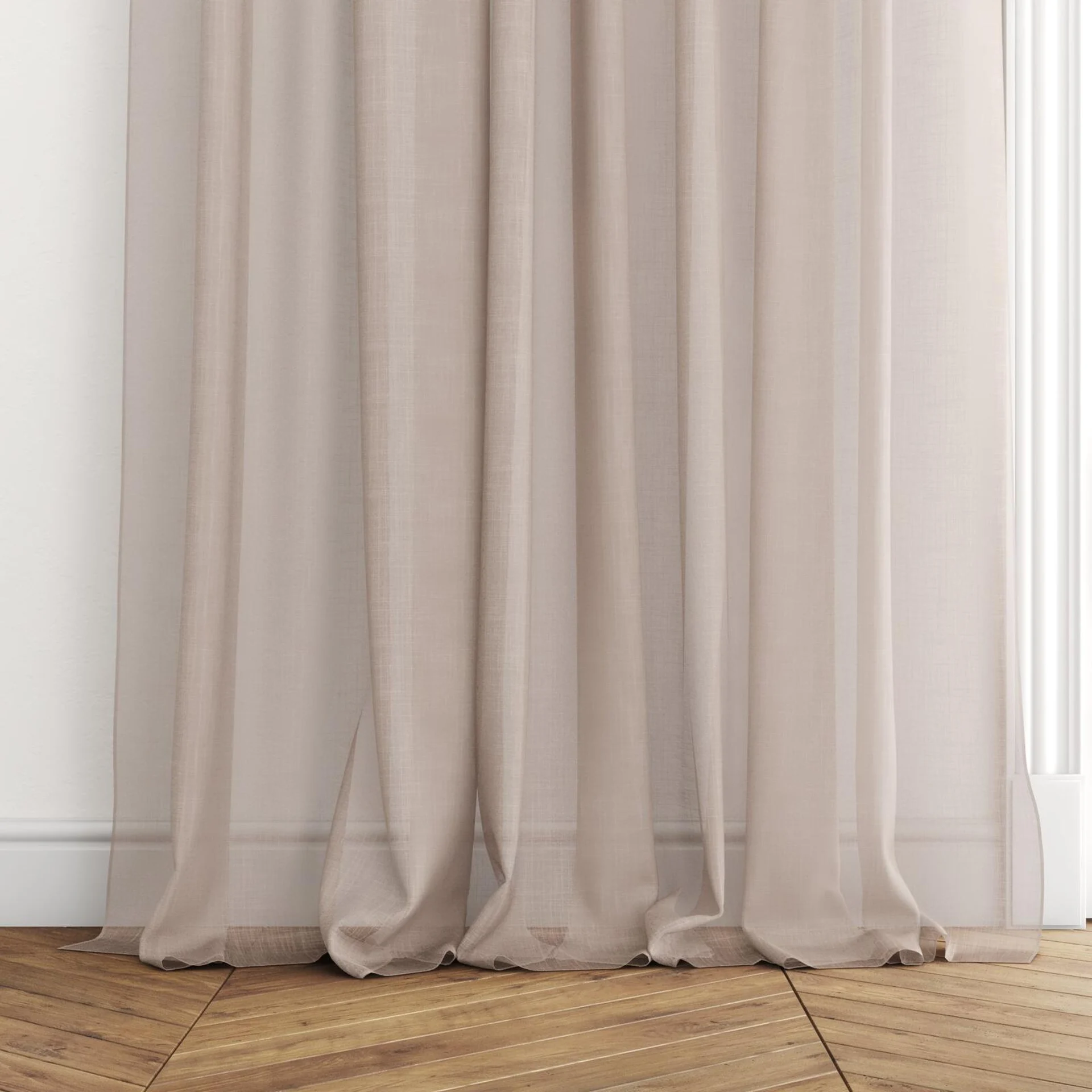 Bottom view of Kumo Recycled Blush, puddled with pinch pleat, on curtain rod