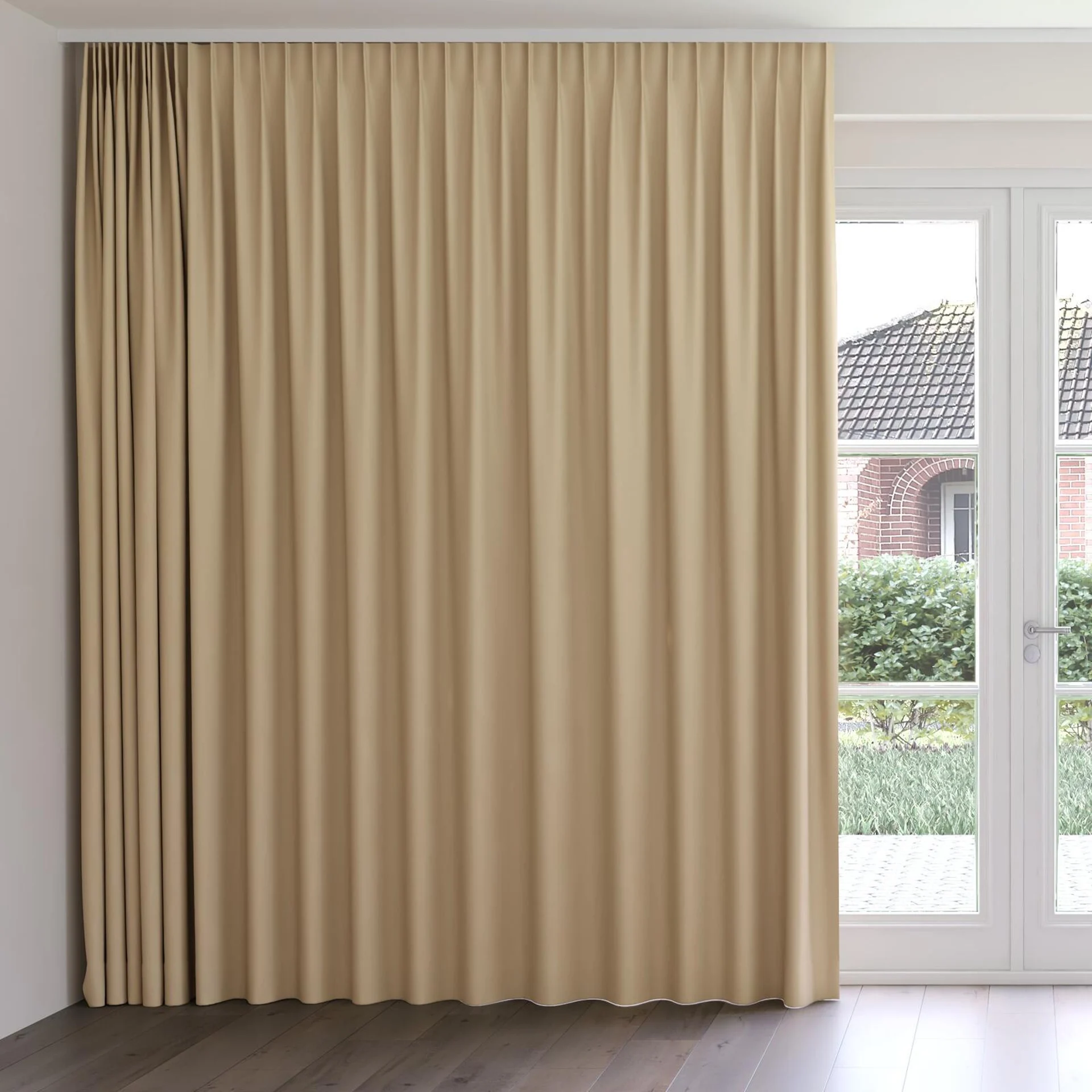 Front view of Vesta Bamboo, on curtain rail