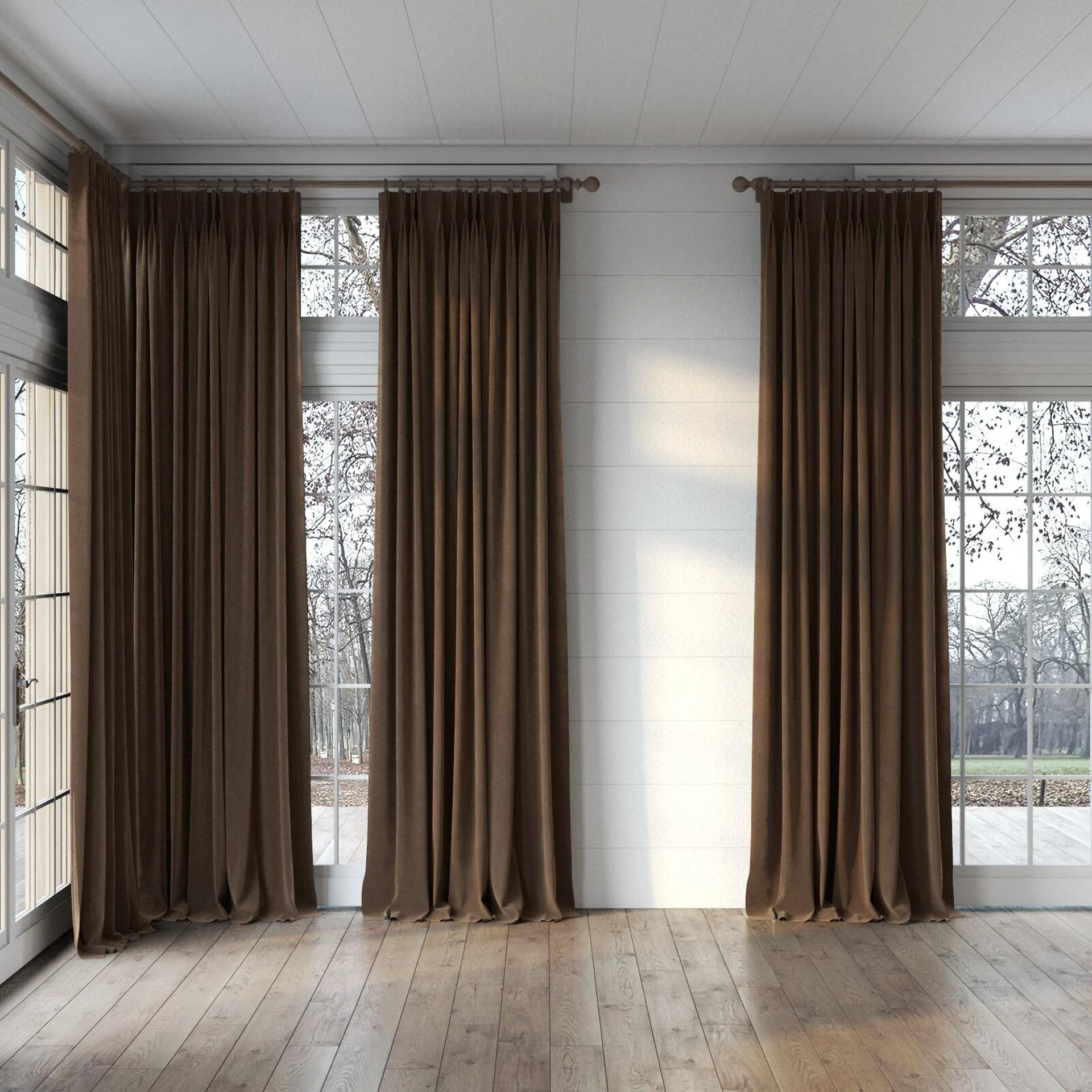 Full view of Lux Velvet Cocoa 8409, puddled, on curtain rod