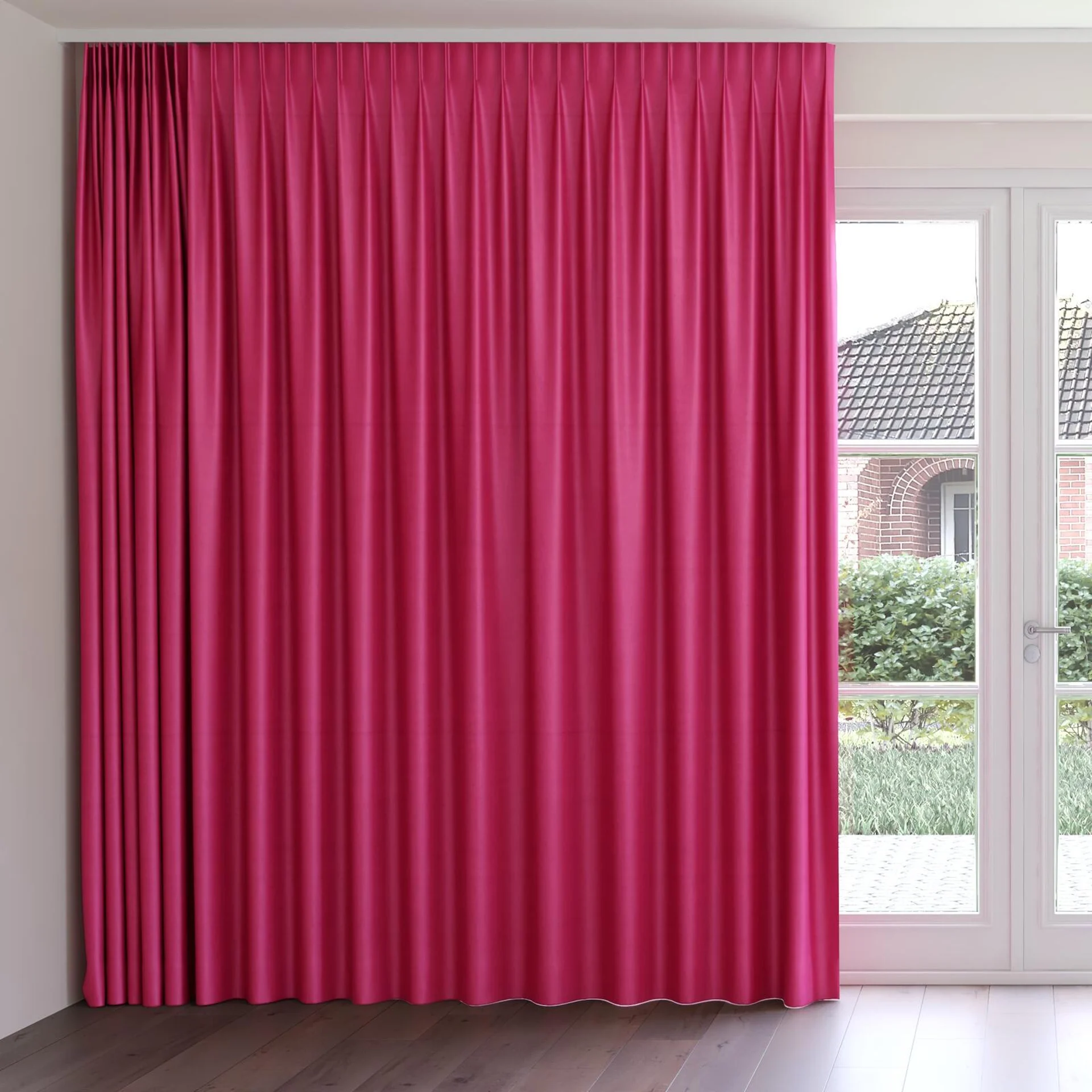 Front view of Warlock Lipstick, on curtain rail