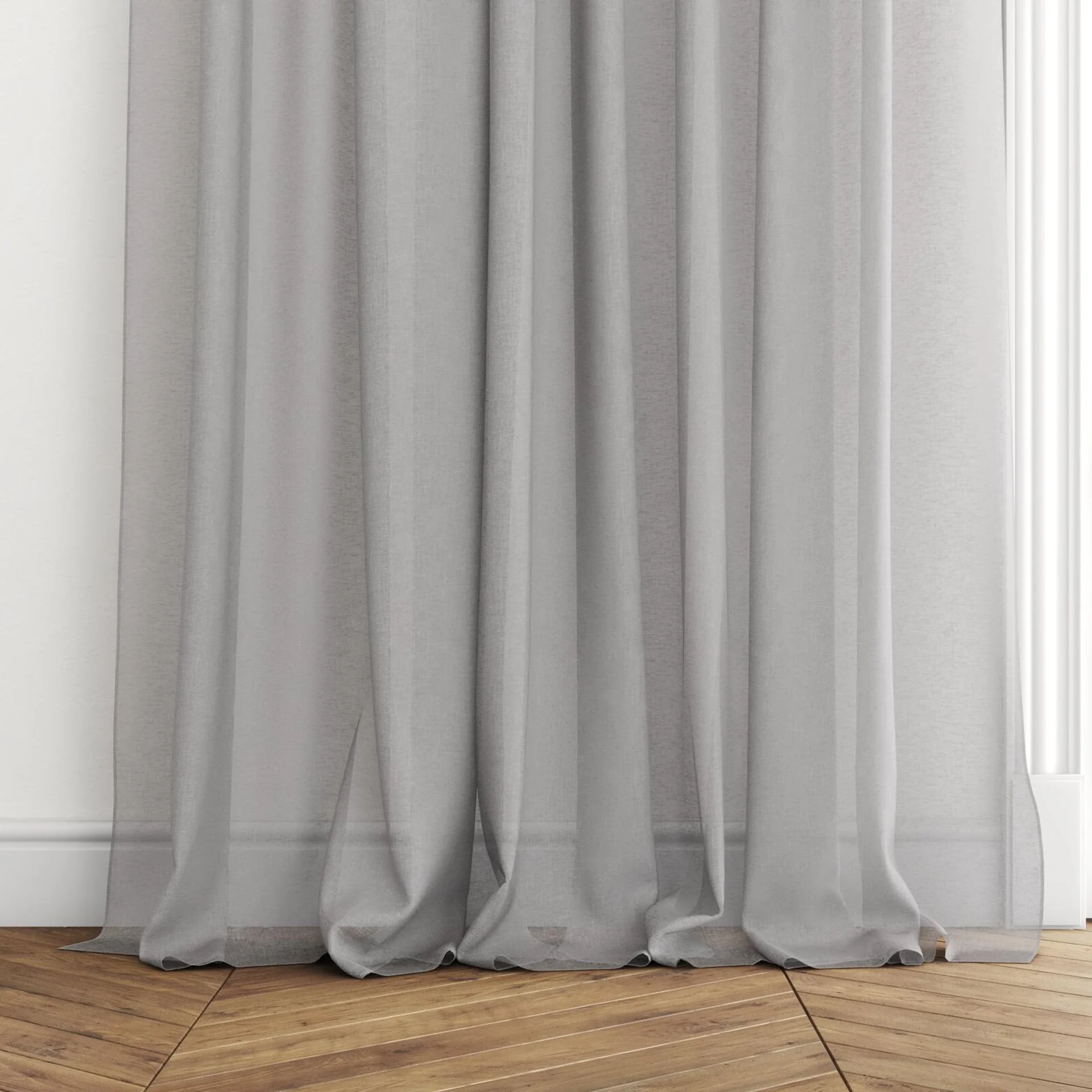Bottom view of Elevate Cement, puddled with pinch pleat, on curtain rod