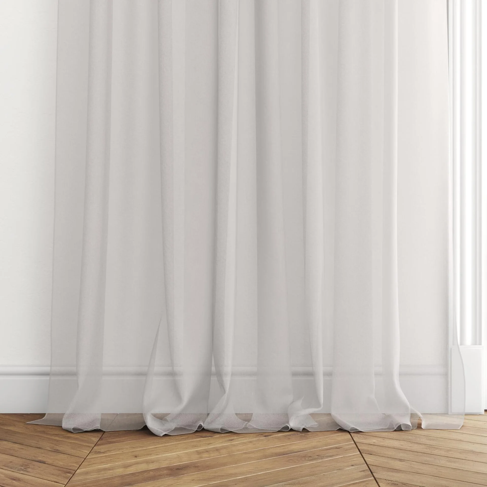 Bottom view of Selene Wool, puddled with pinch pleat, on curtain rod