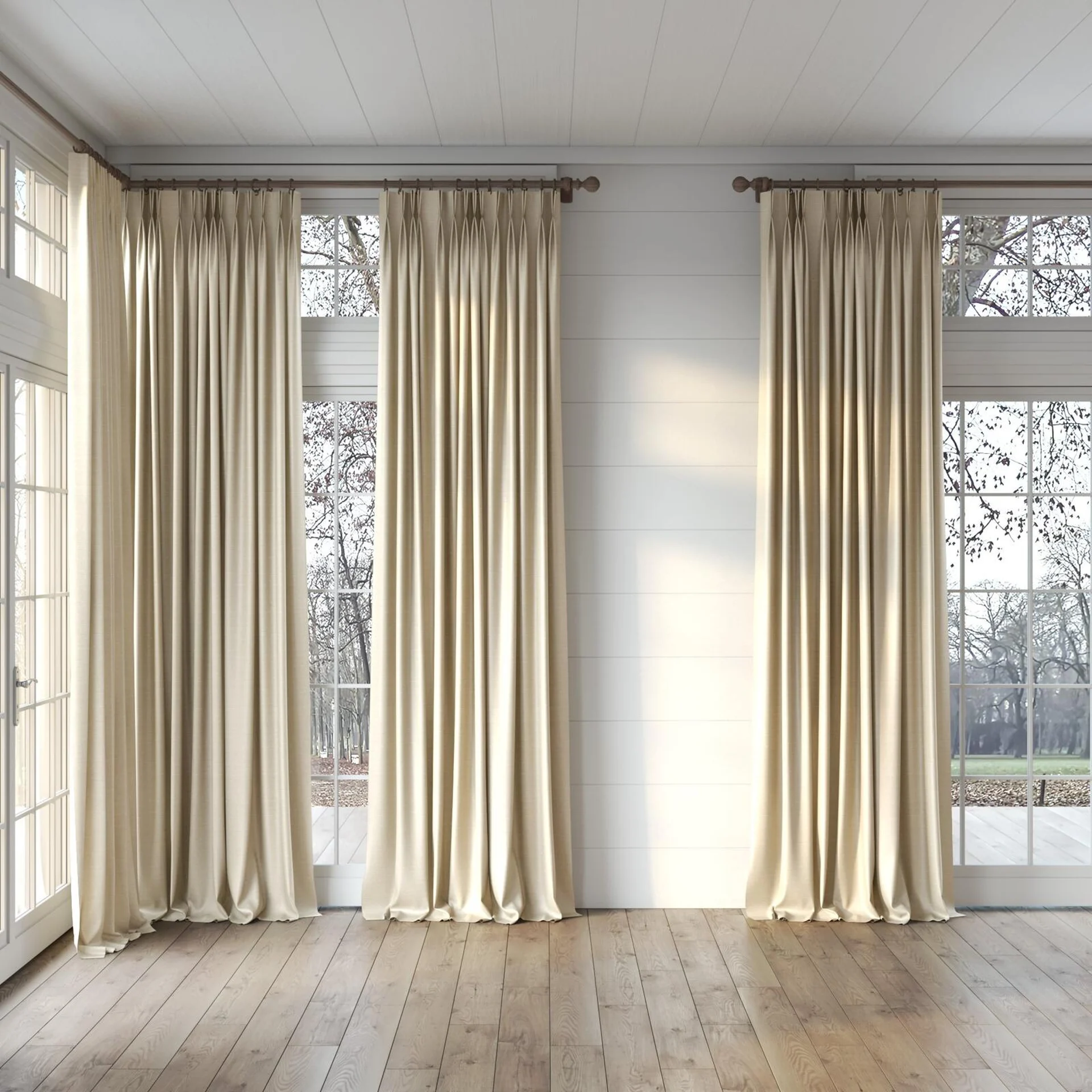 Full view of Silky Sesame, puddled, on curtain rod