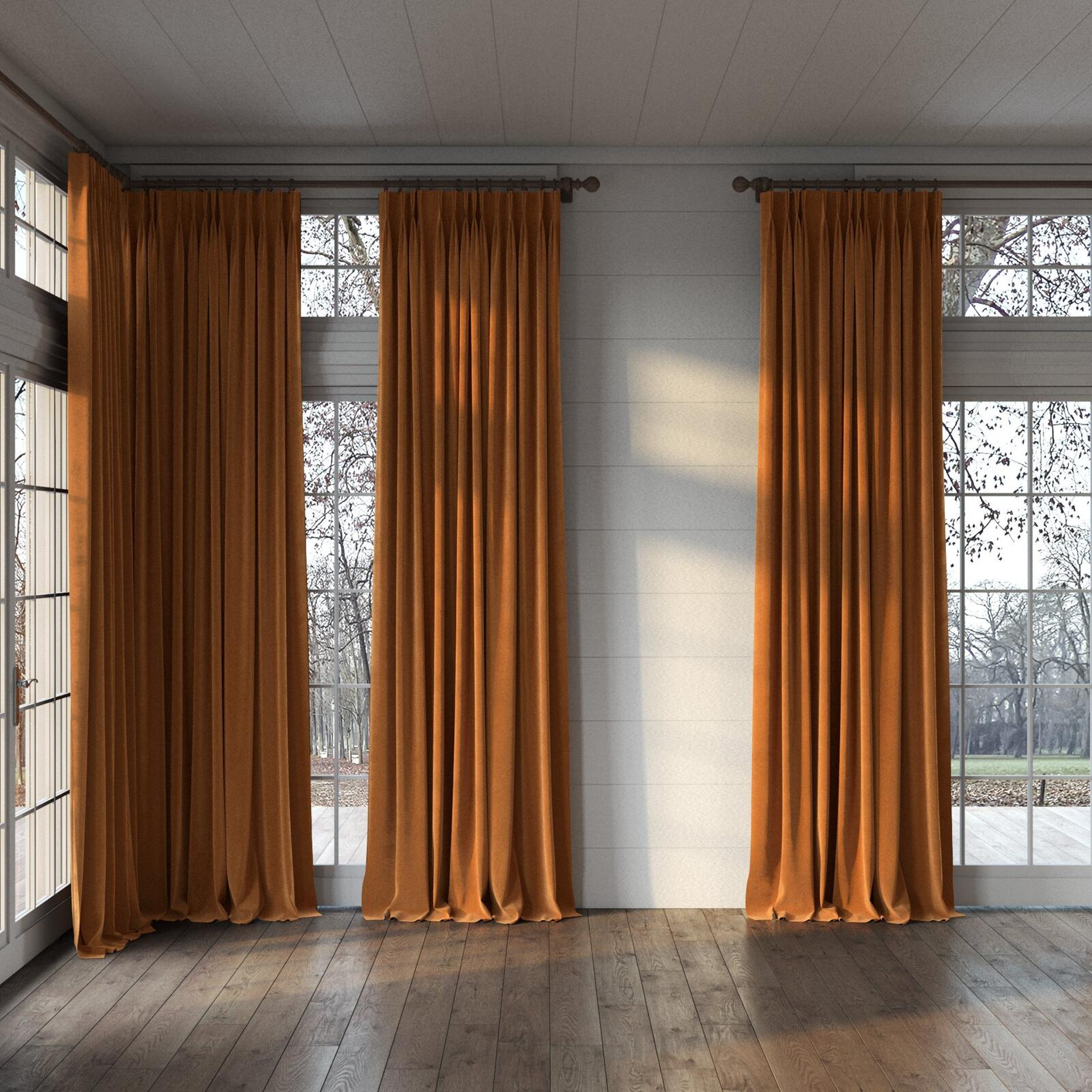 Full view of Verbier Terra, puddled, on curtain rod