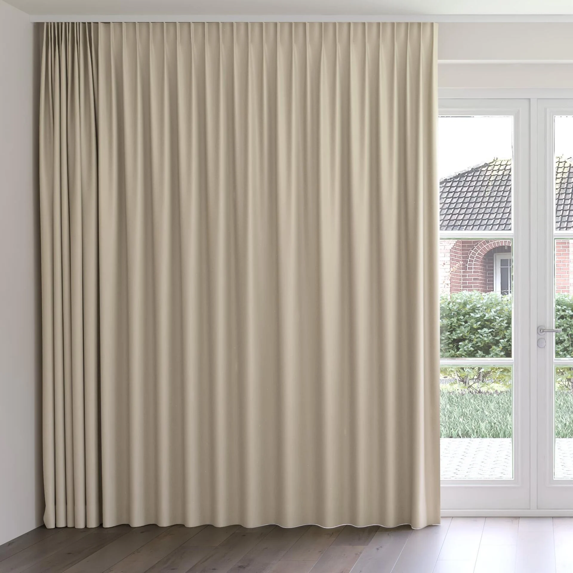 Front view of Duede Pebble, on curtain rail