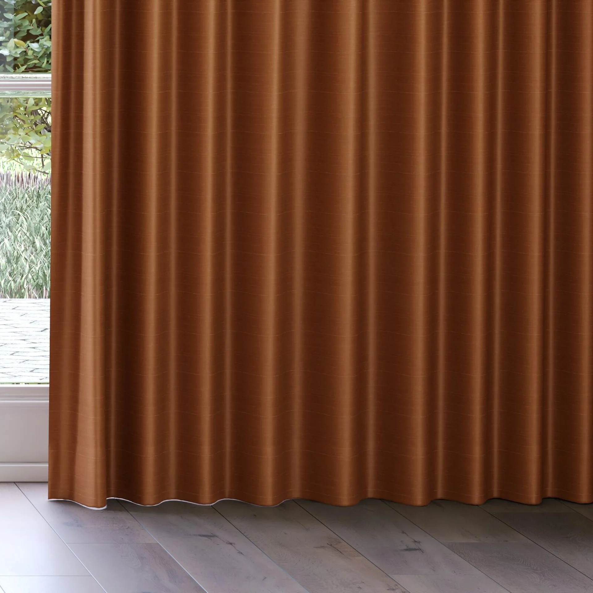 Bottom view of Silky Nutmeg, on curtain rail