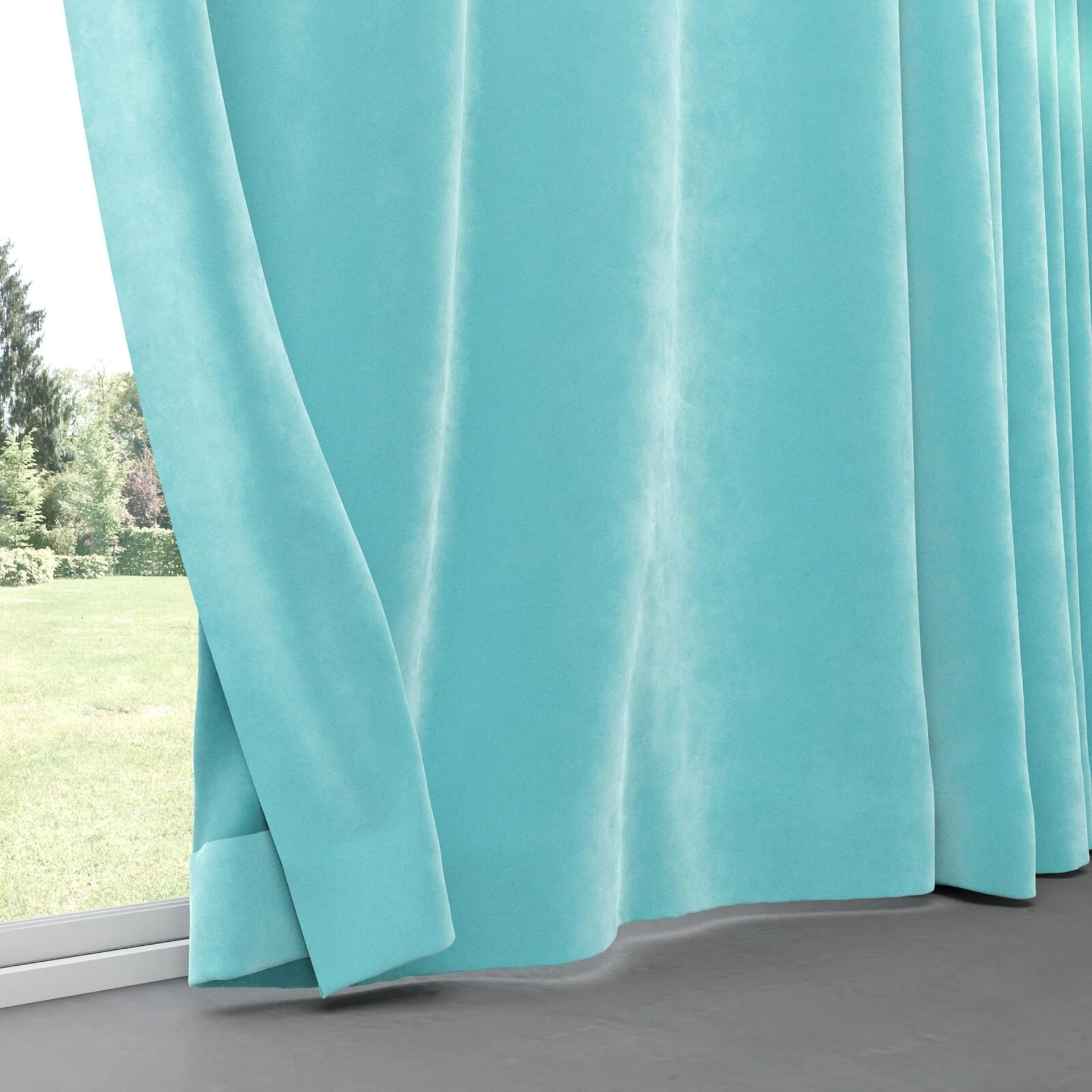 Bottom view of Lux Velvet Aqua 8816, pinch pleat