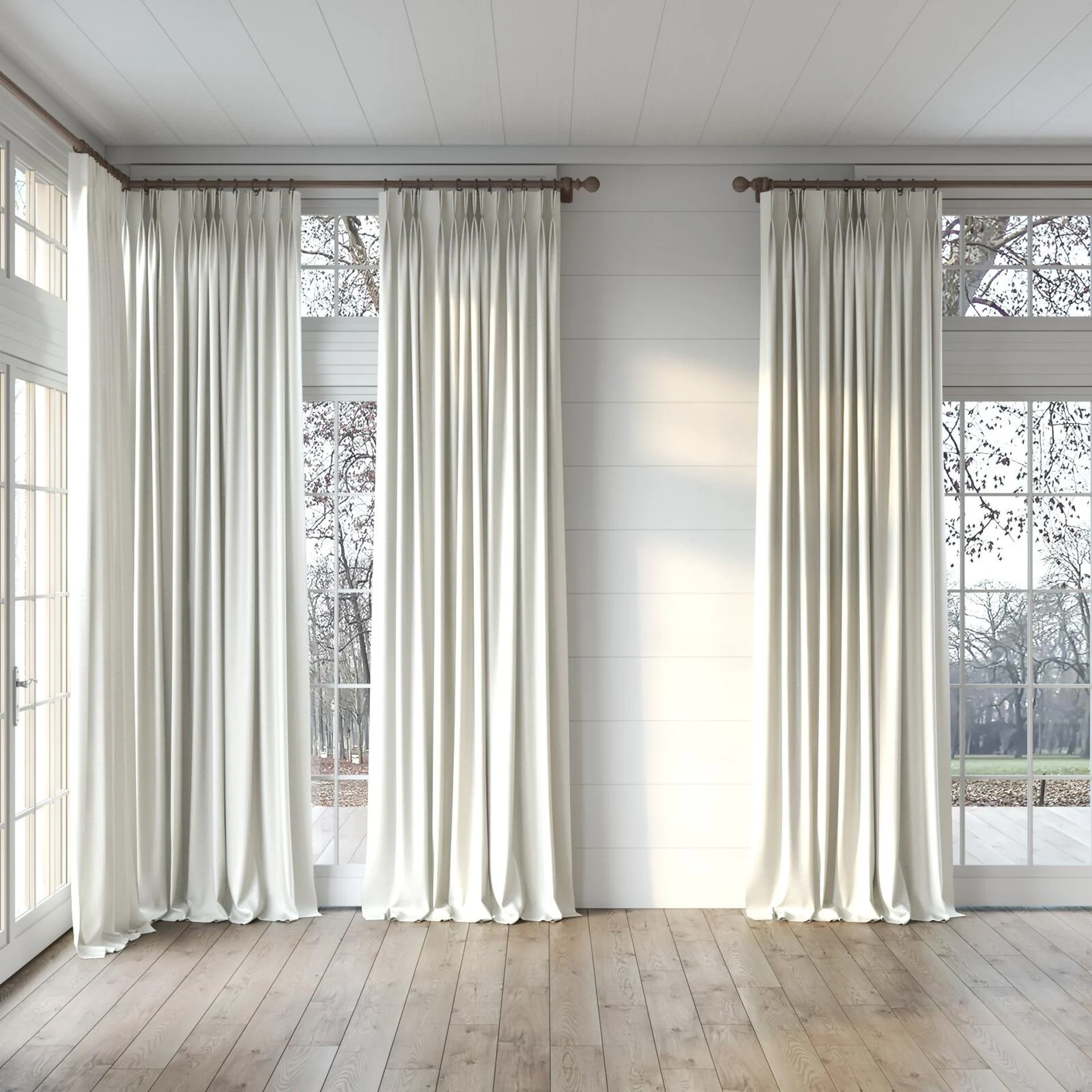 Full view of Ocean Linen, puddled, on curtain rod