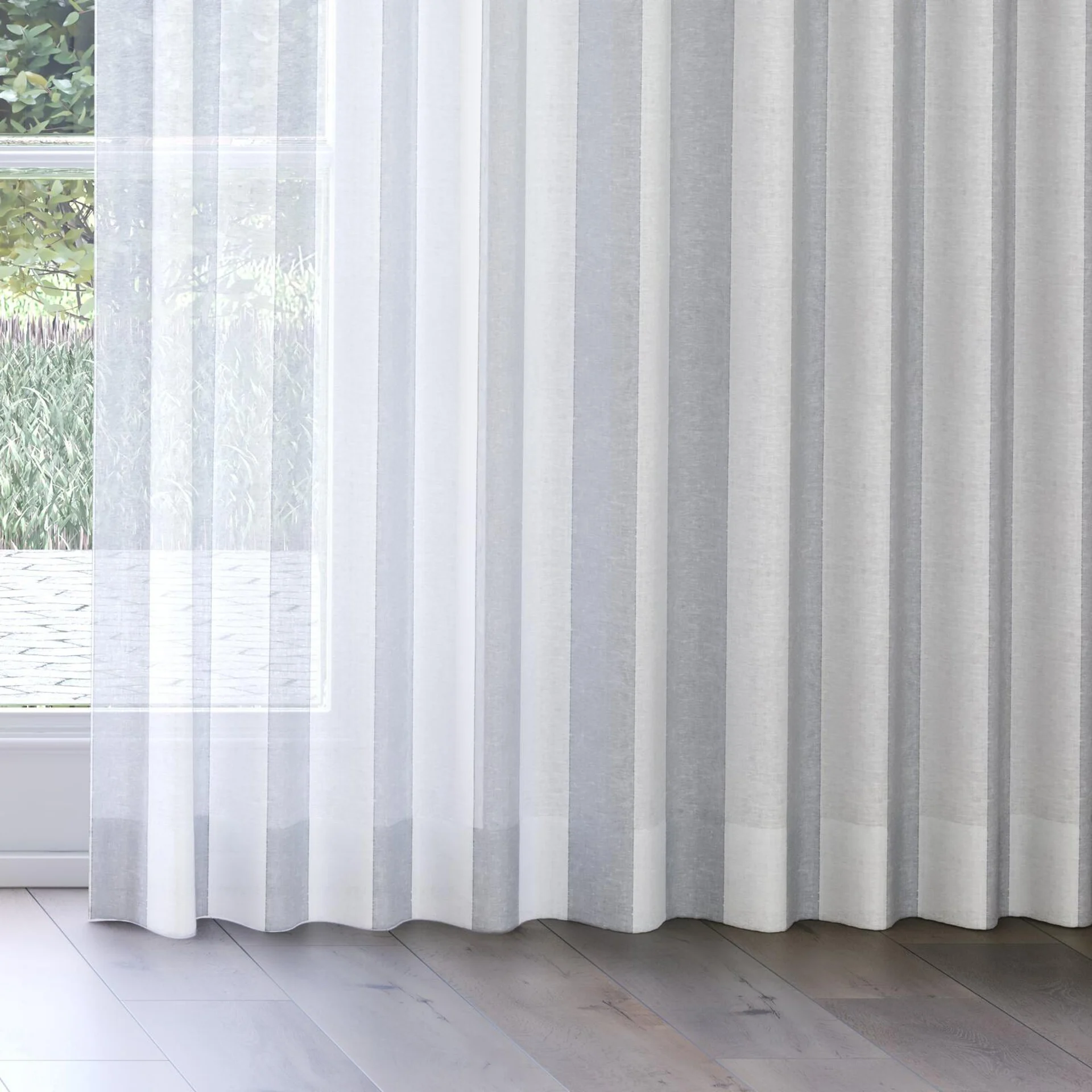 Bottom view of Kyoto Stripe Chambray, on curtain rail