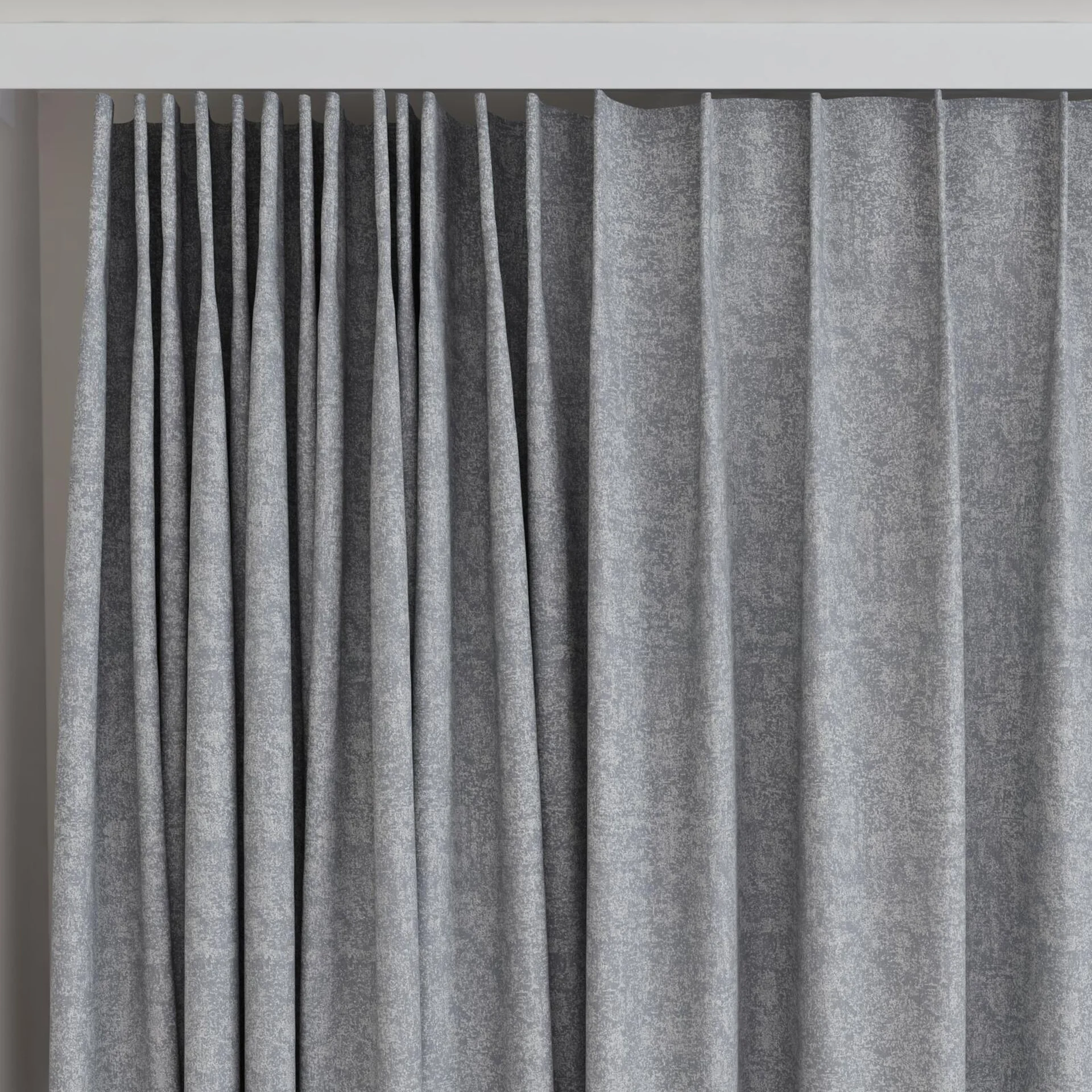 Top view of Avalon FR Blackout Steel, on curtain rail