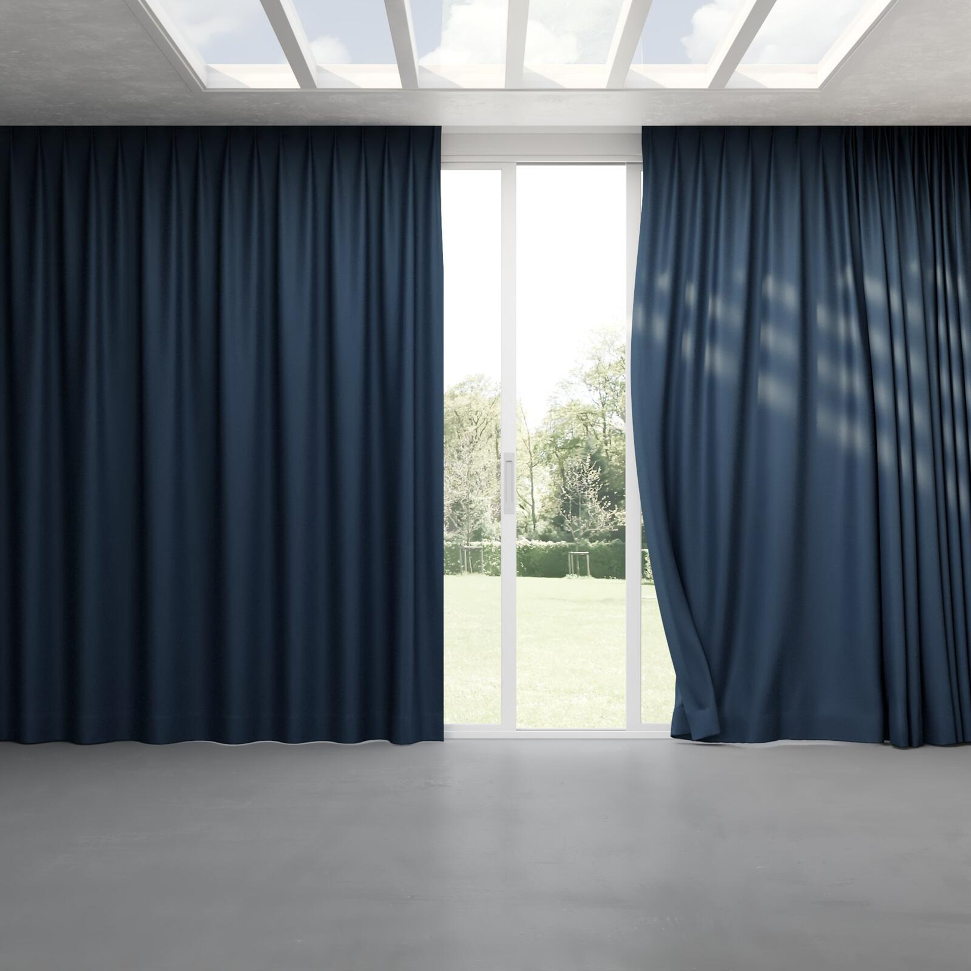 Full view of Re-Juvenate Indigo, pinch pleat