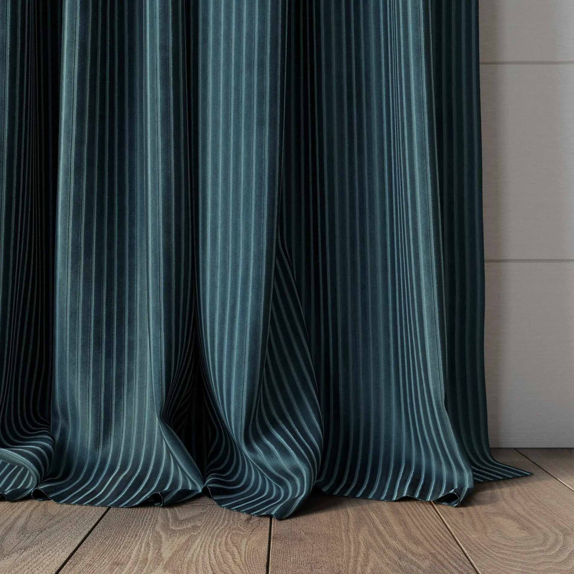 Bottom view of Embrace Teal, puddled, on curtain rod