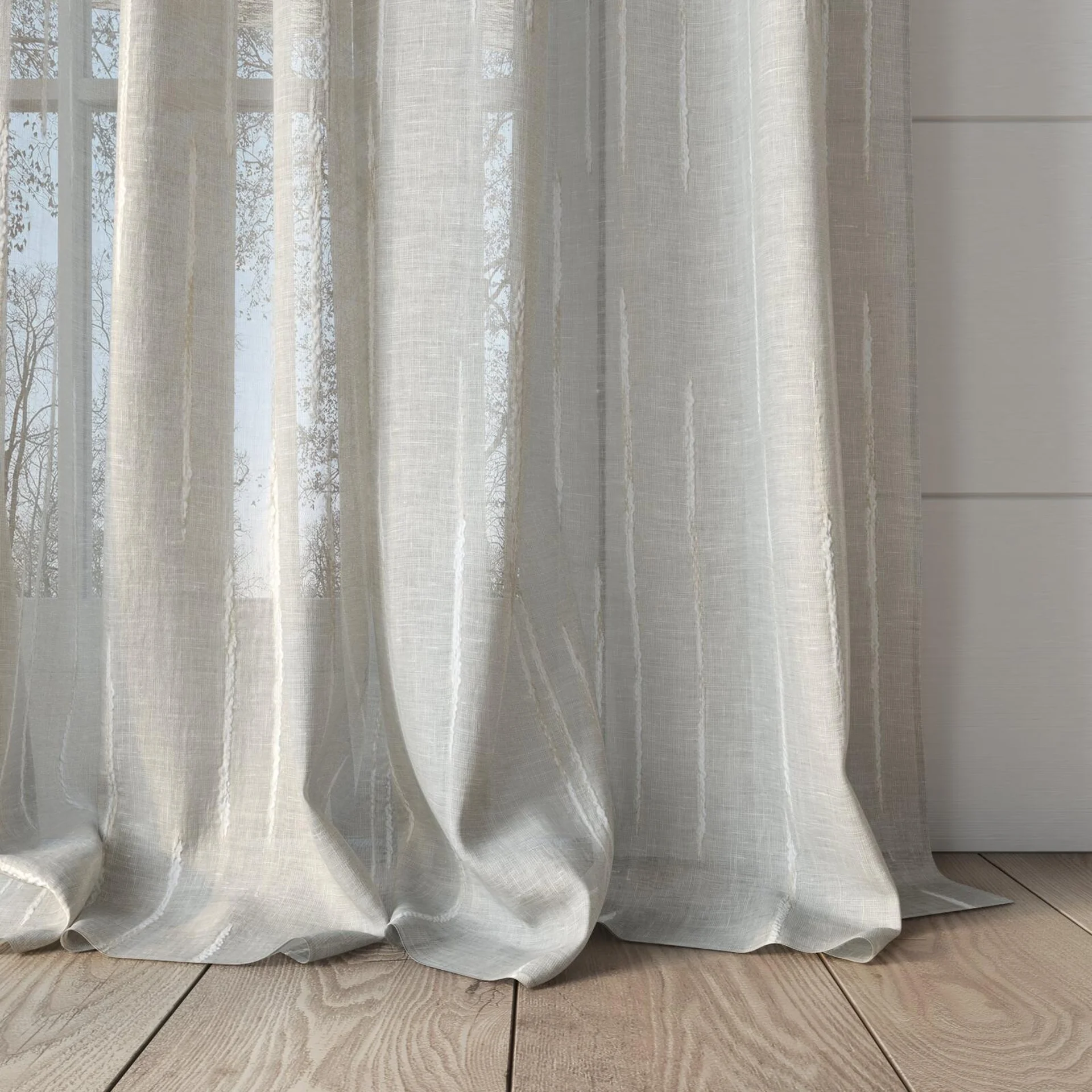 Bottom view of Tidal Linen, puddled, on curtain rod