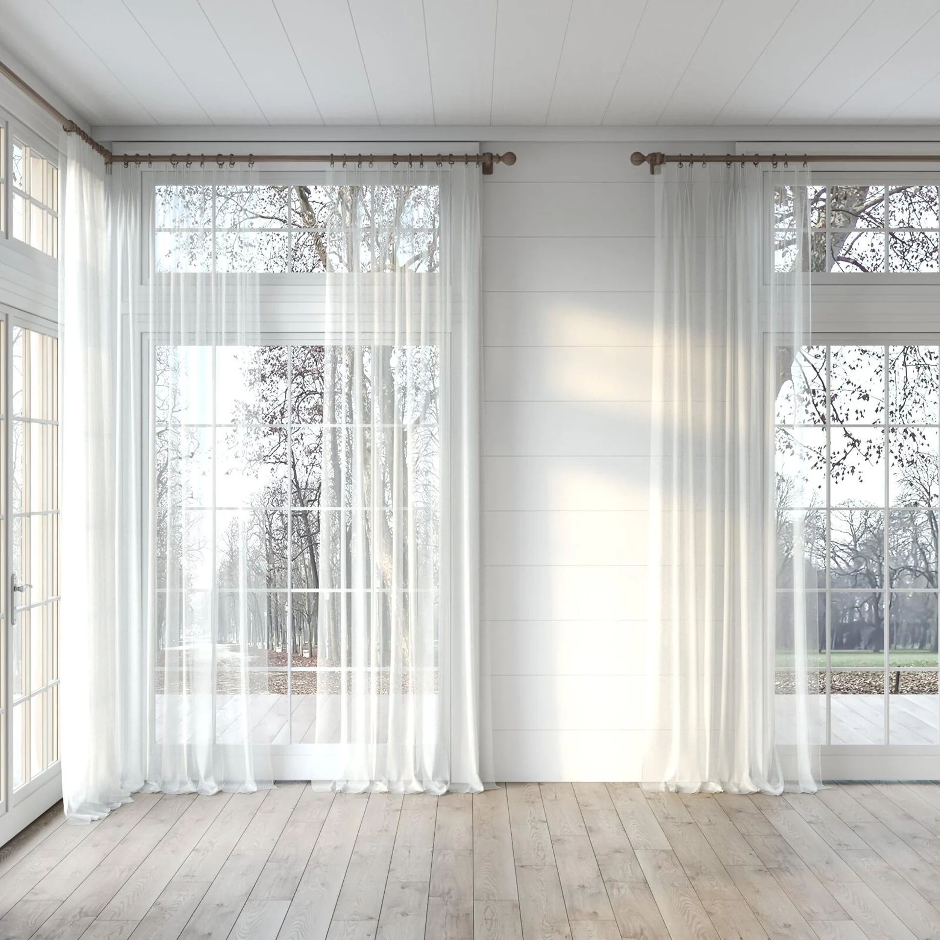 Full view of Audiance Natural, puddled, on curtain rod