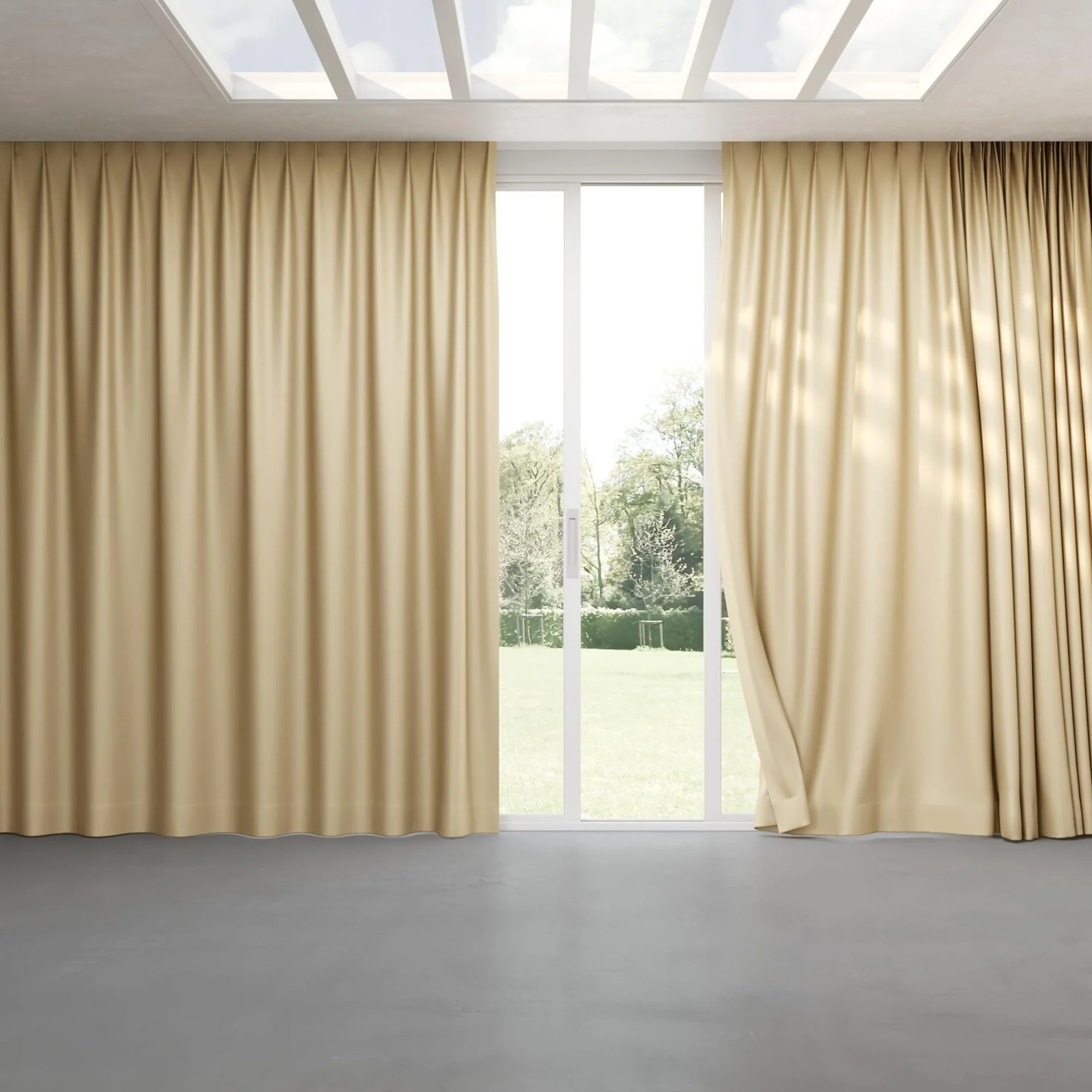 Full view of Stallion 2 Blackout Marzipan, pinch pleat