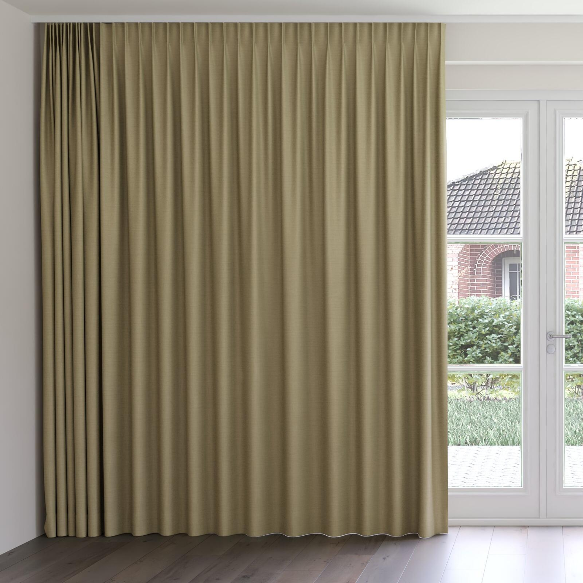 Front view of Linex Taupe, on curtain rail
