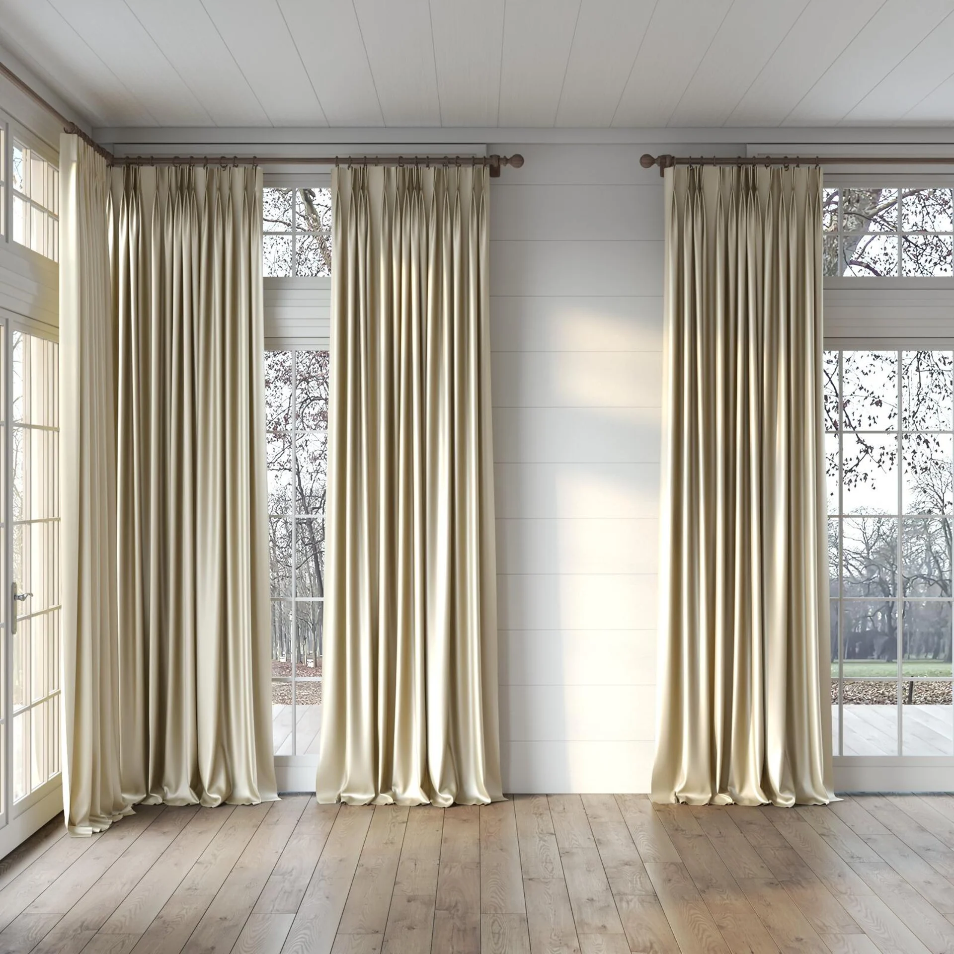 Full view of Moonbeam Antique, puddled, on curtain rod