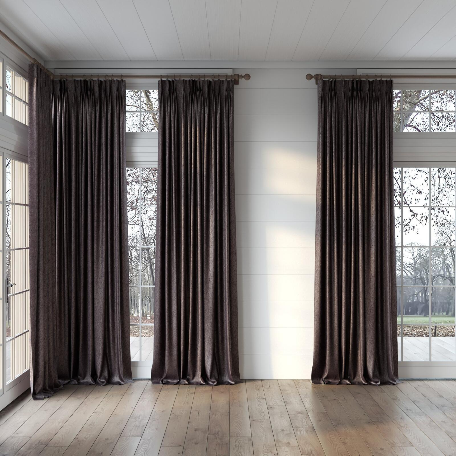 Full view of Opera Shadow, puddled, on curtain rod