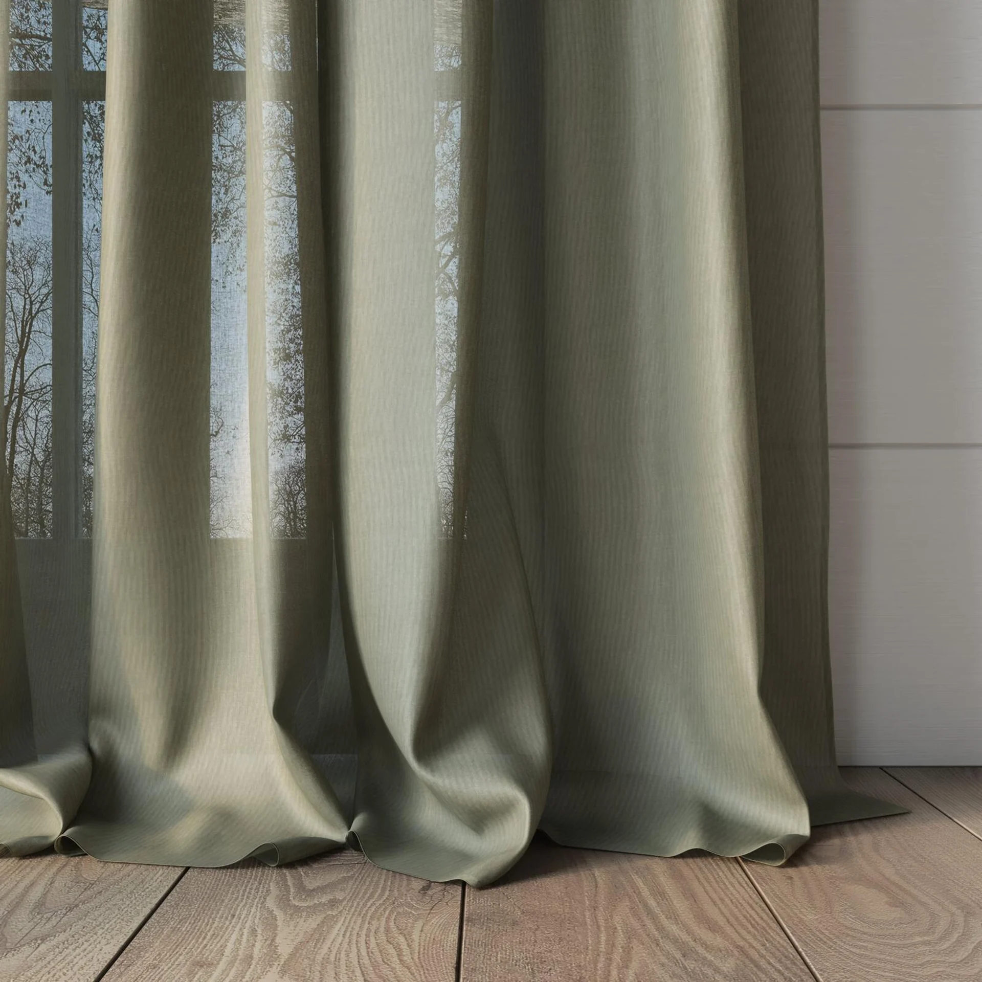 Bottom view of Jaba Linden, puddled, on curtain rod