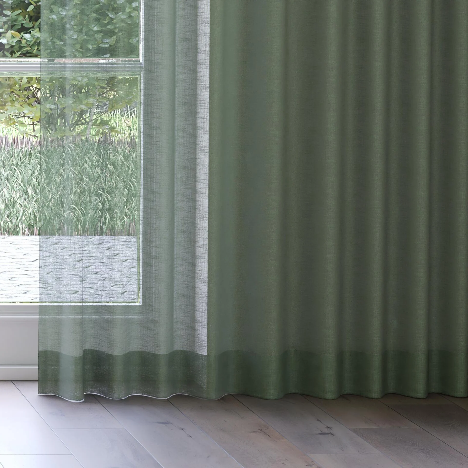 Bottom view of Verdant Olive, on curtain rail