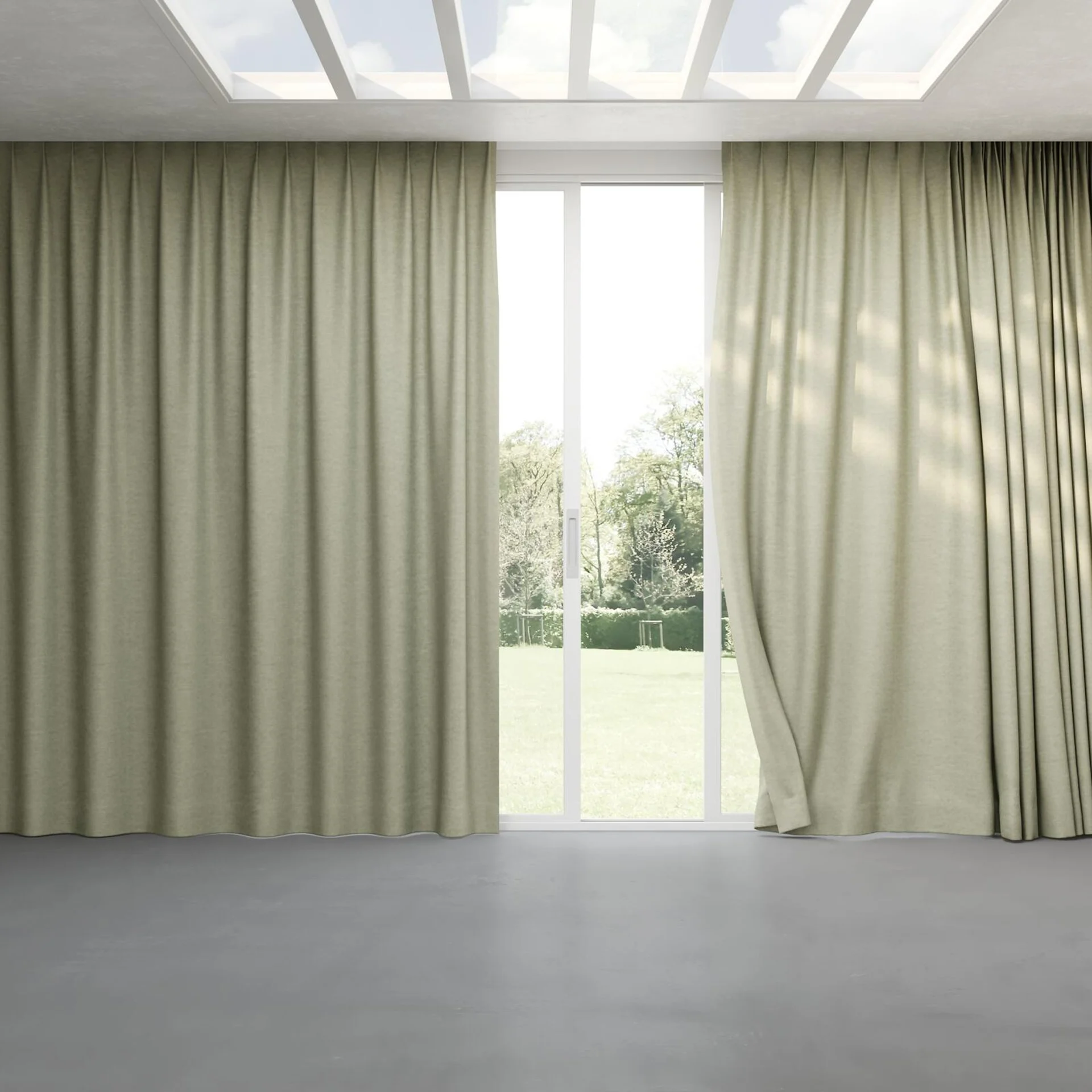 Full view of Colourwash Pesto, pinch pleat