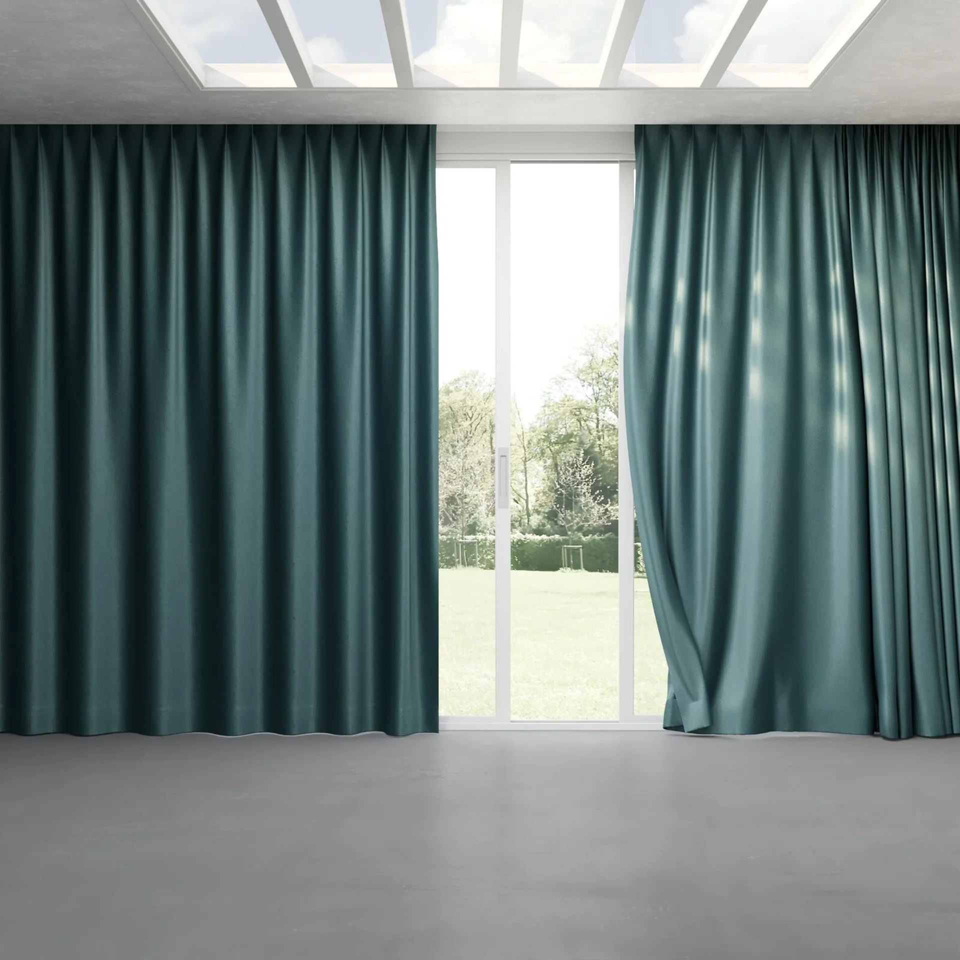 Full view of Recharge Teal, pinch pleat
