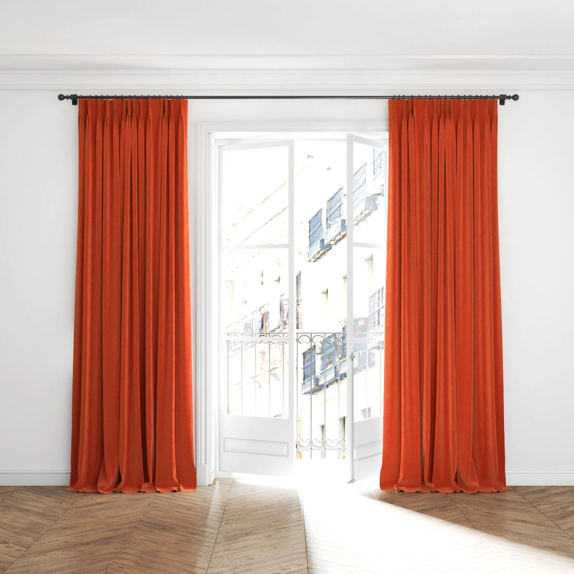 Full view of Moon Terra, puddled with pinch pleat, on curtain rod