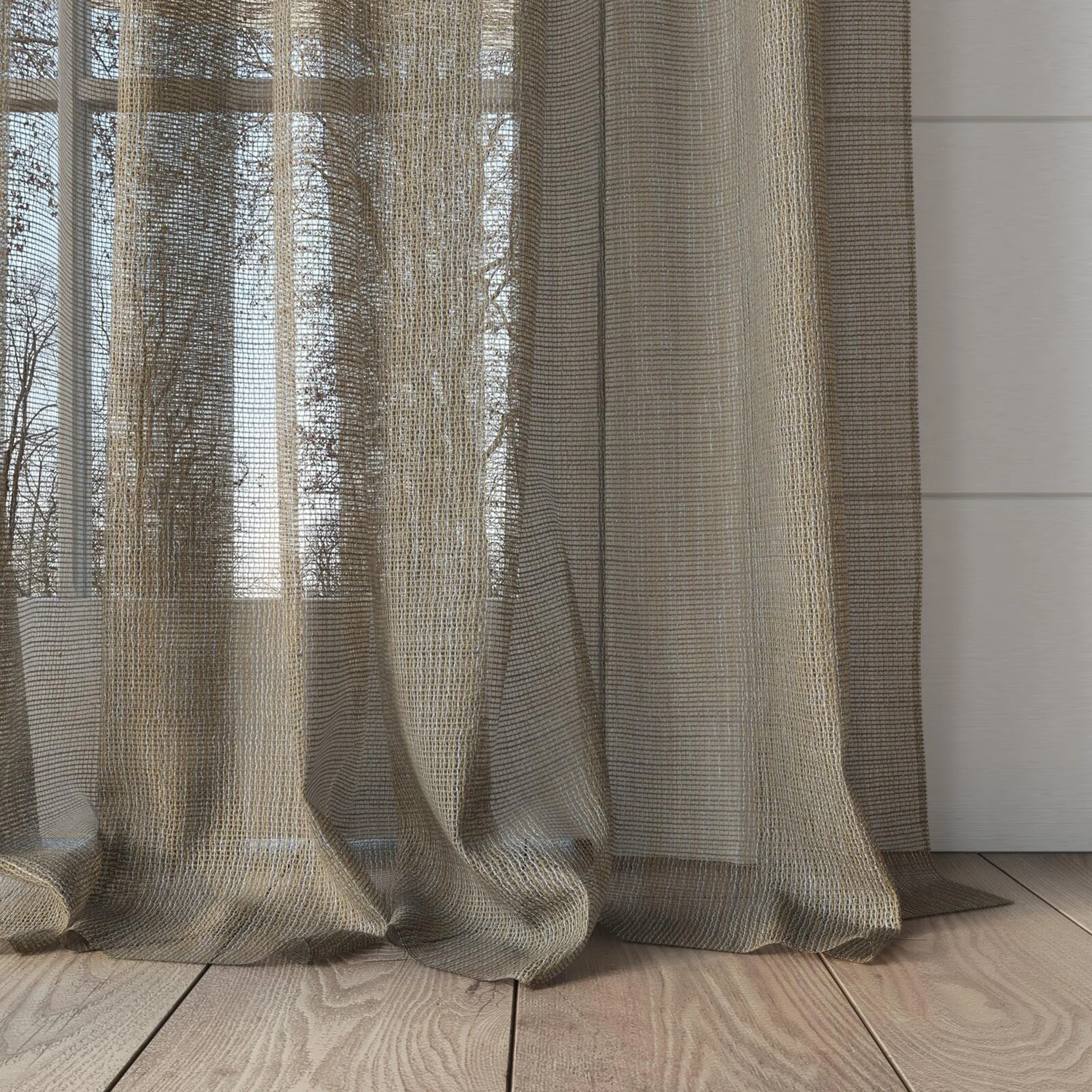 Bottom view of Radiant Canyon, puddled, on curtain rod