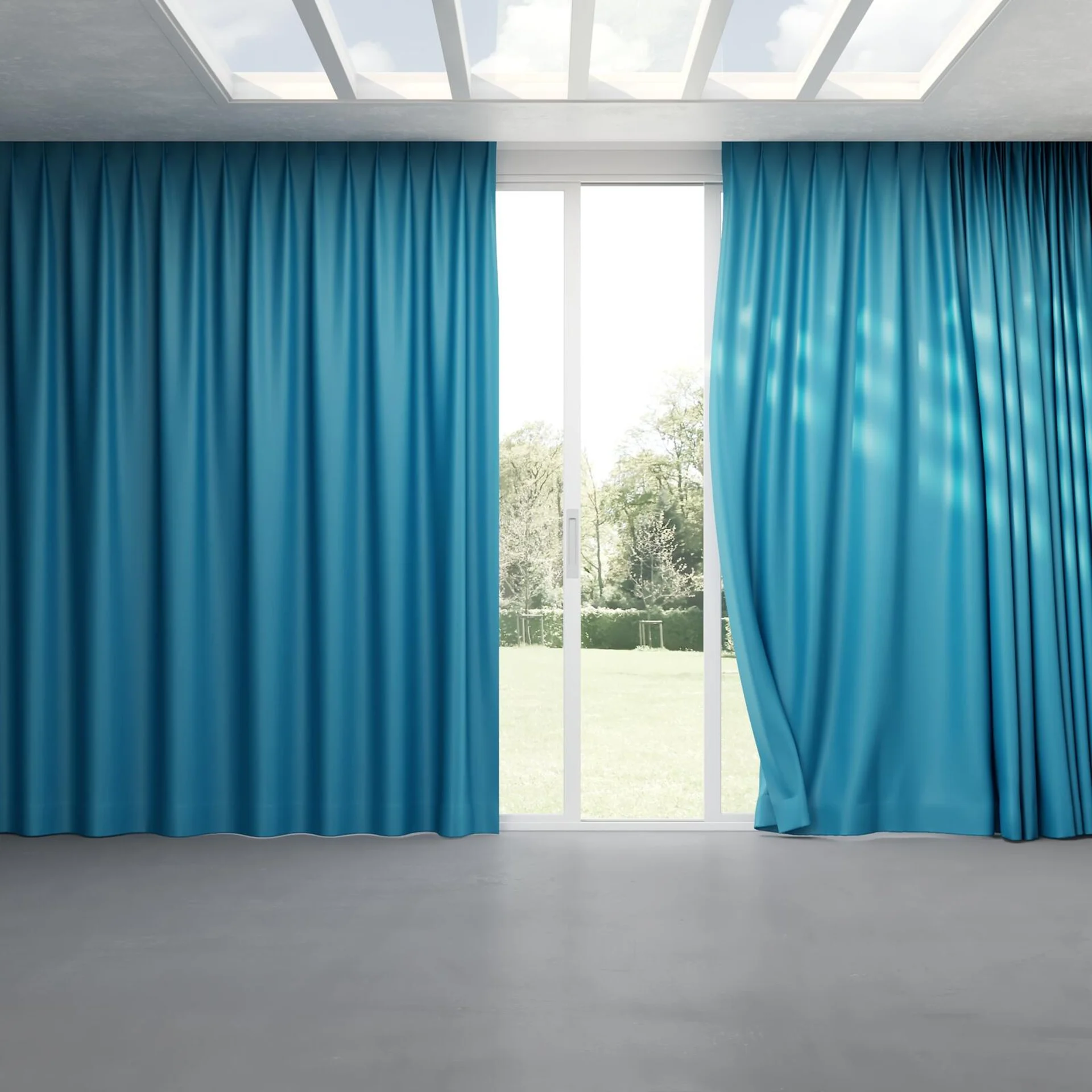 Full view of Blockbuster Teal, pinch pleat