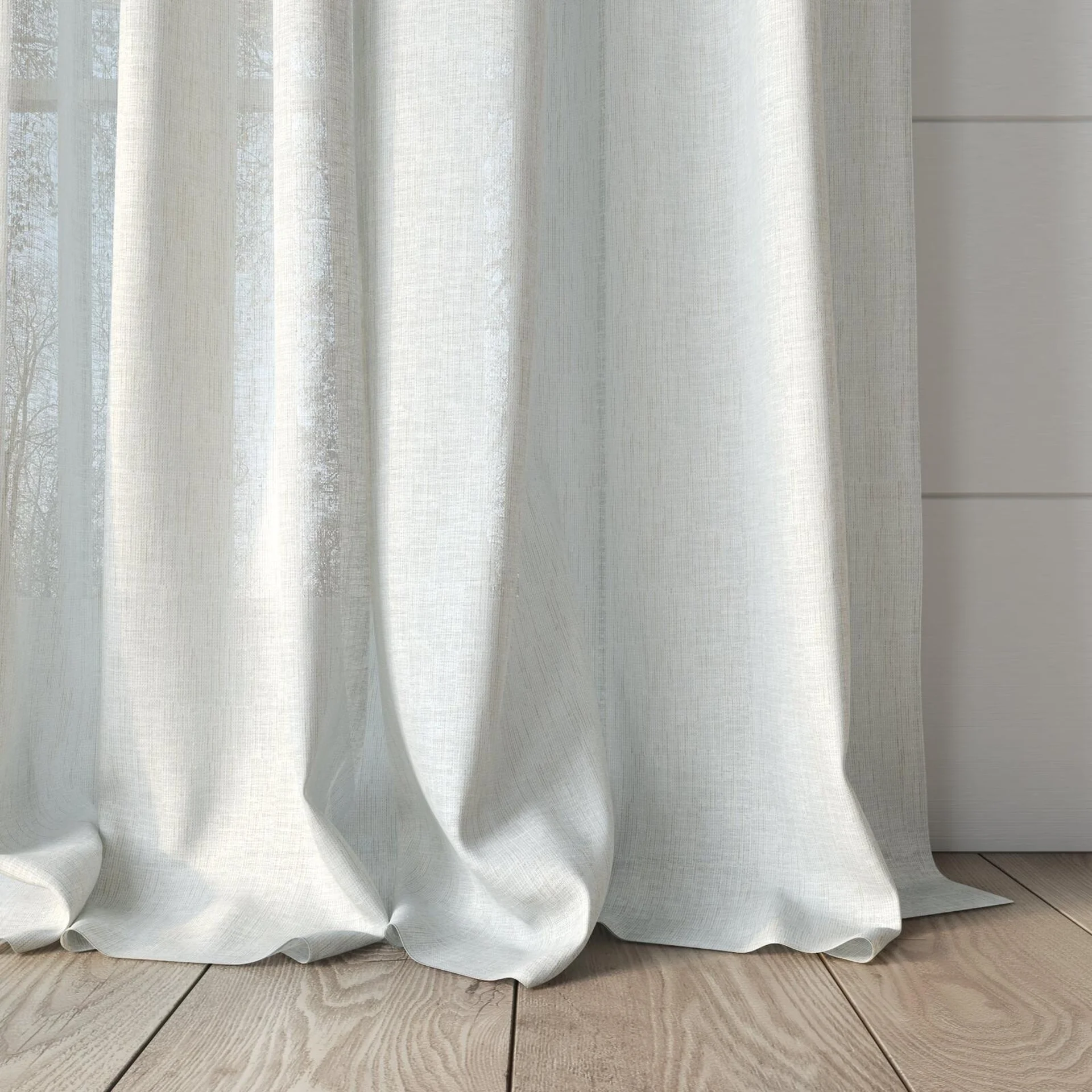 Bottom view of Shoji Linen, puddled, on curtain rod