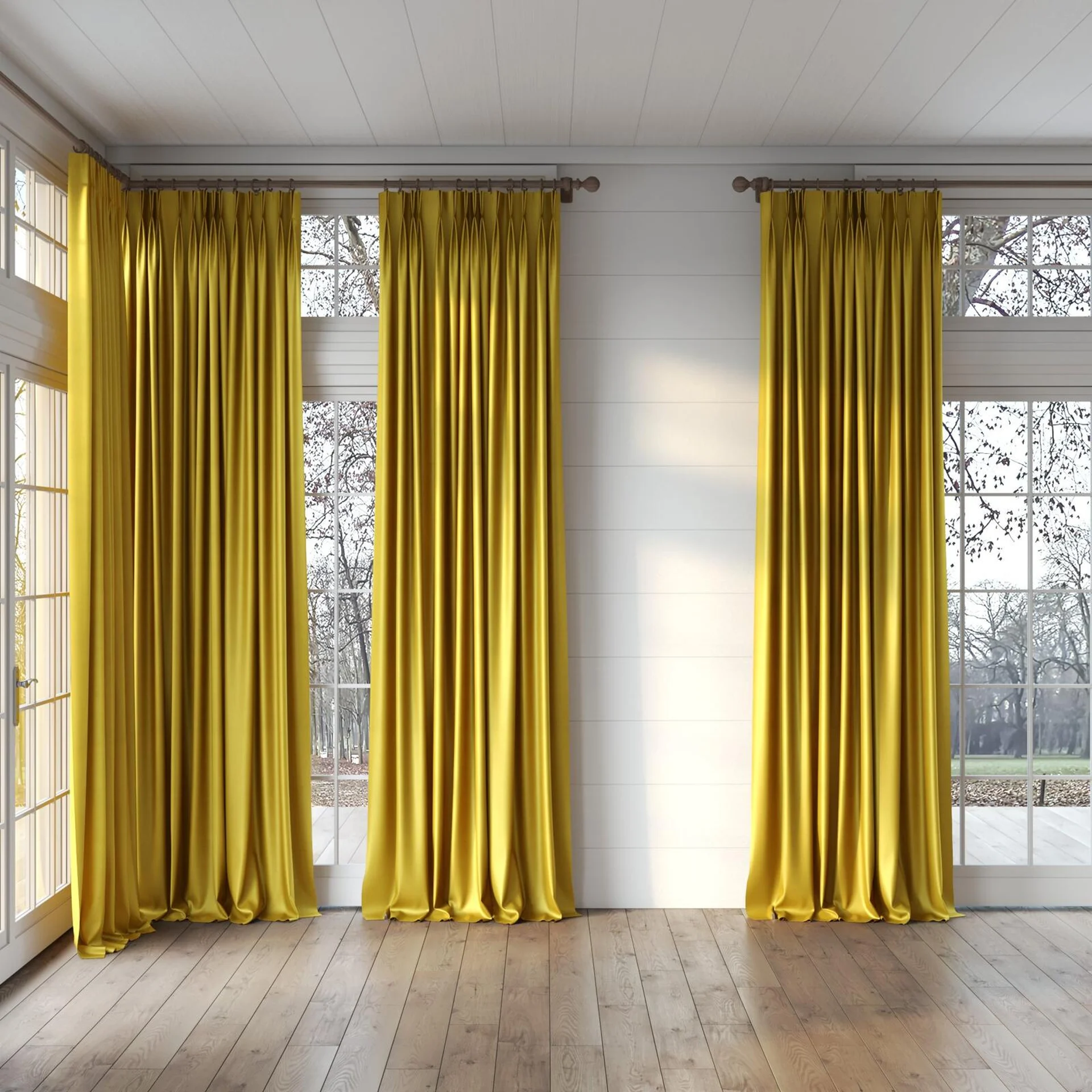 Full view of Mont Blanc Sunflower, puddled, on curtain rod