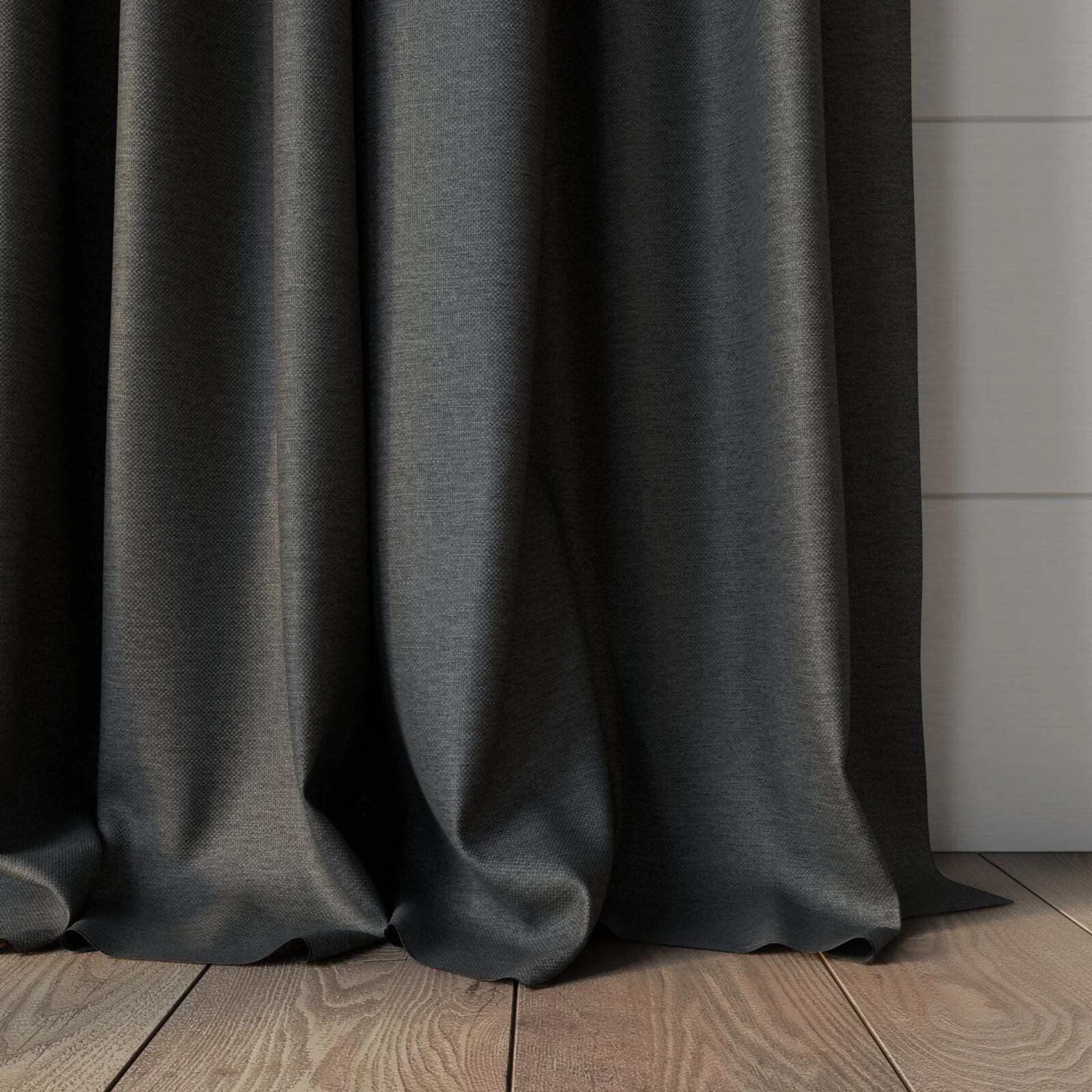 Bottom view of Duede Charcoal, puddled, on curtain rod