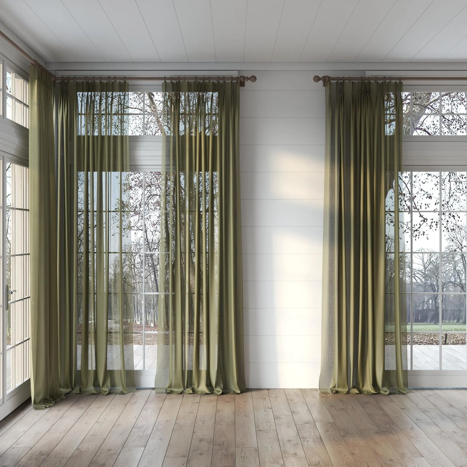 Full view of Kanji Moss, puddled, on curtain rod