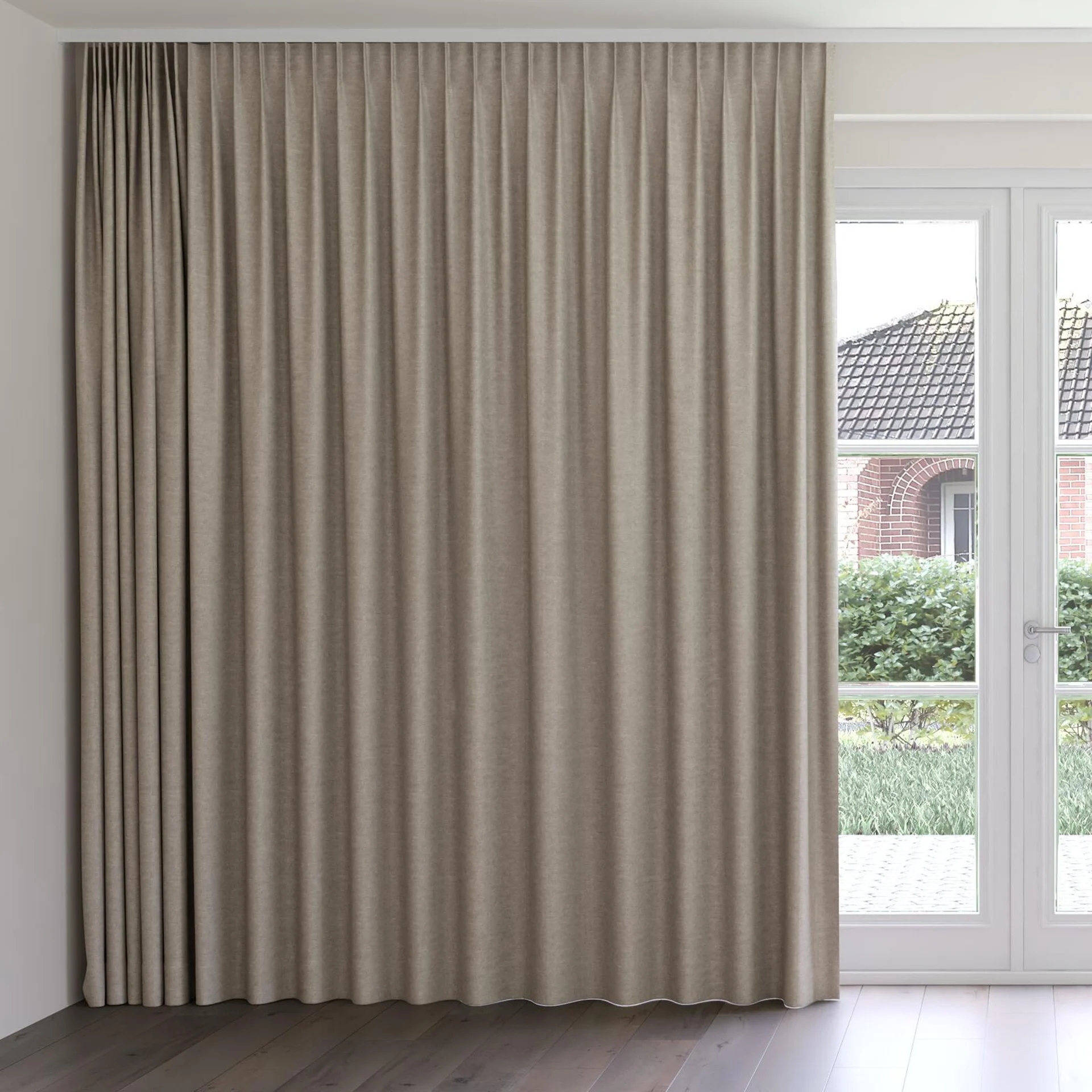 Front view of Colourwash Taupe, on curtain rail