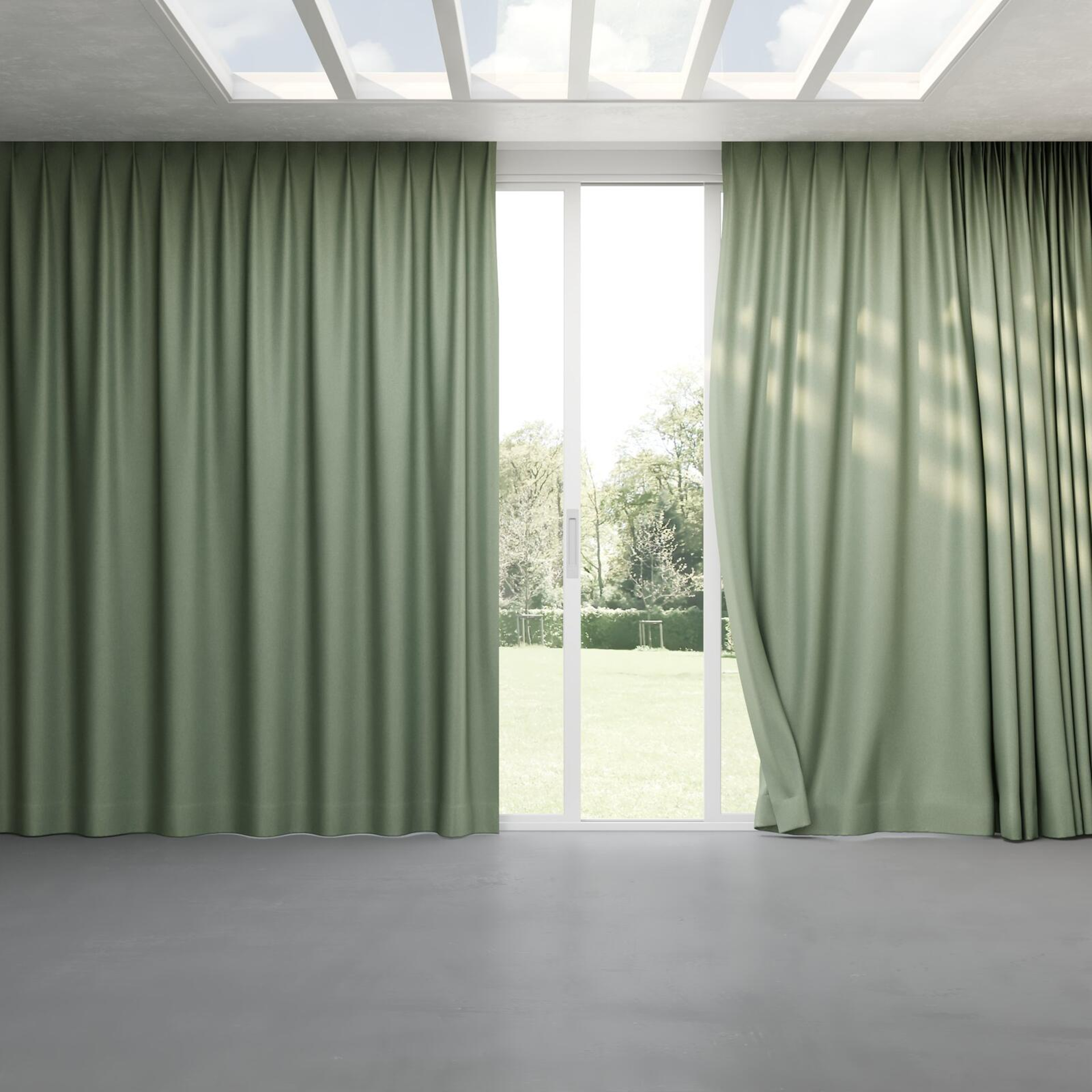 Full view of Woolly/Woolen Wasabi, pinch pleat