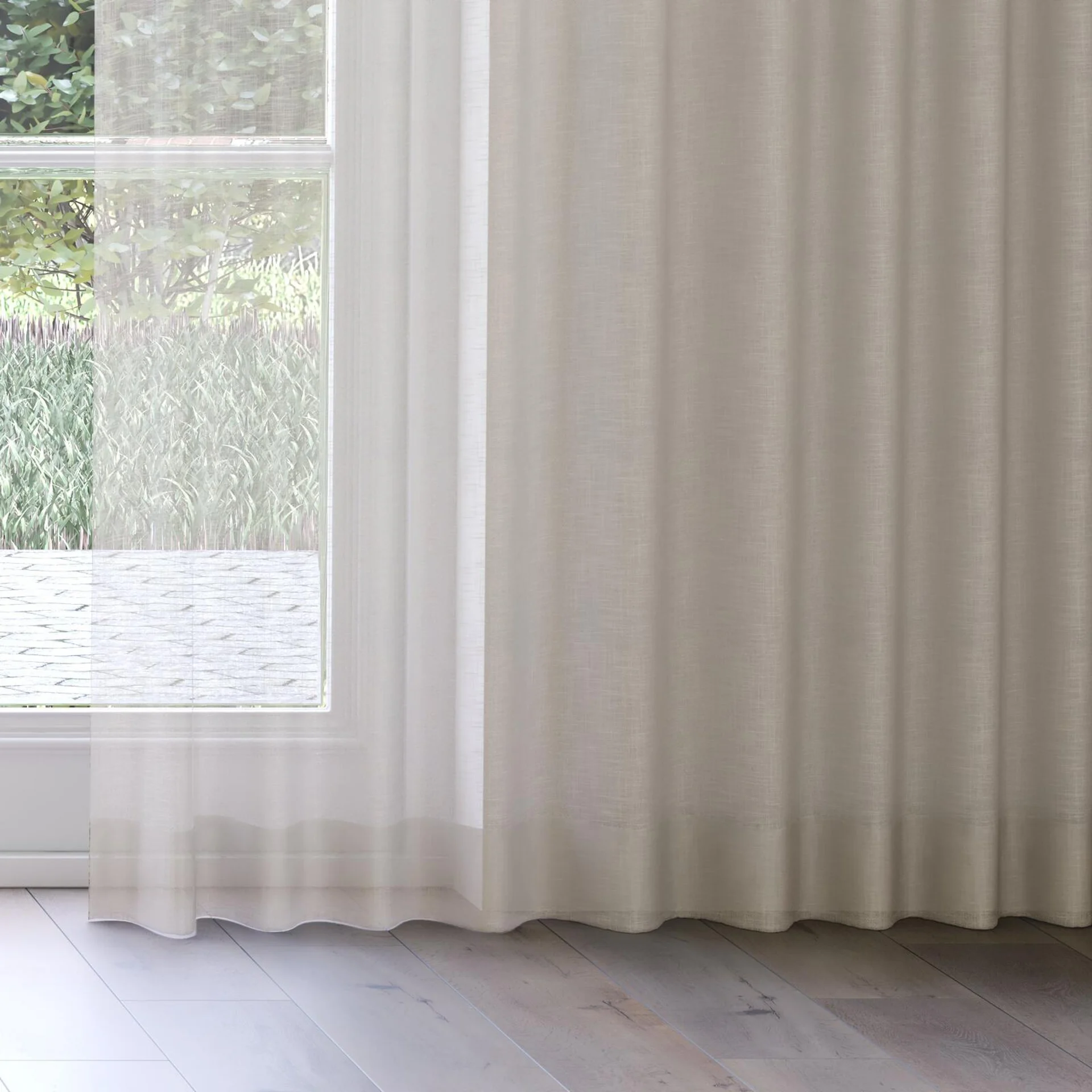 Bottom view of Kumo Recycled Linen, on curtain rail