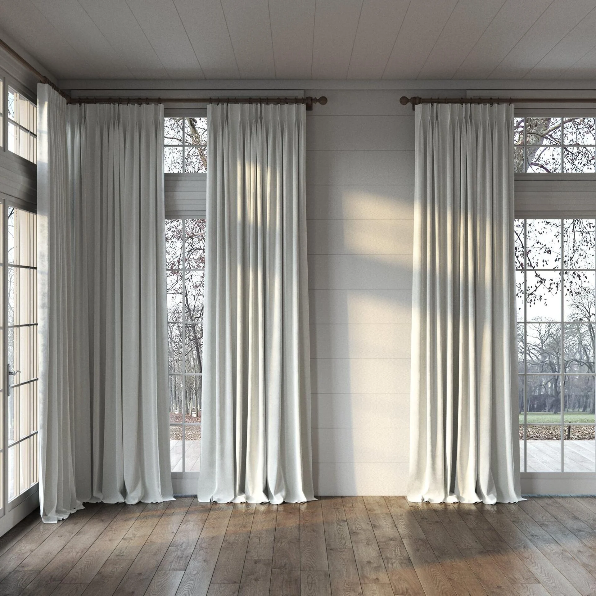 Full view of Verbier Snowflake, puddled, on curtain rod