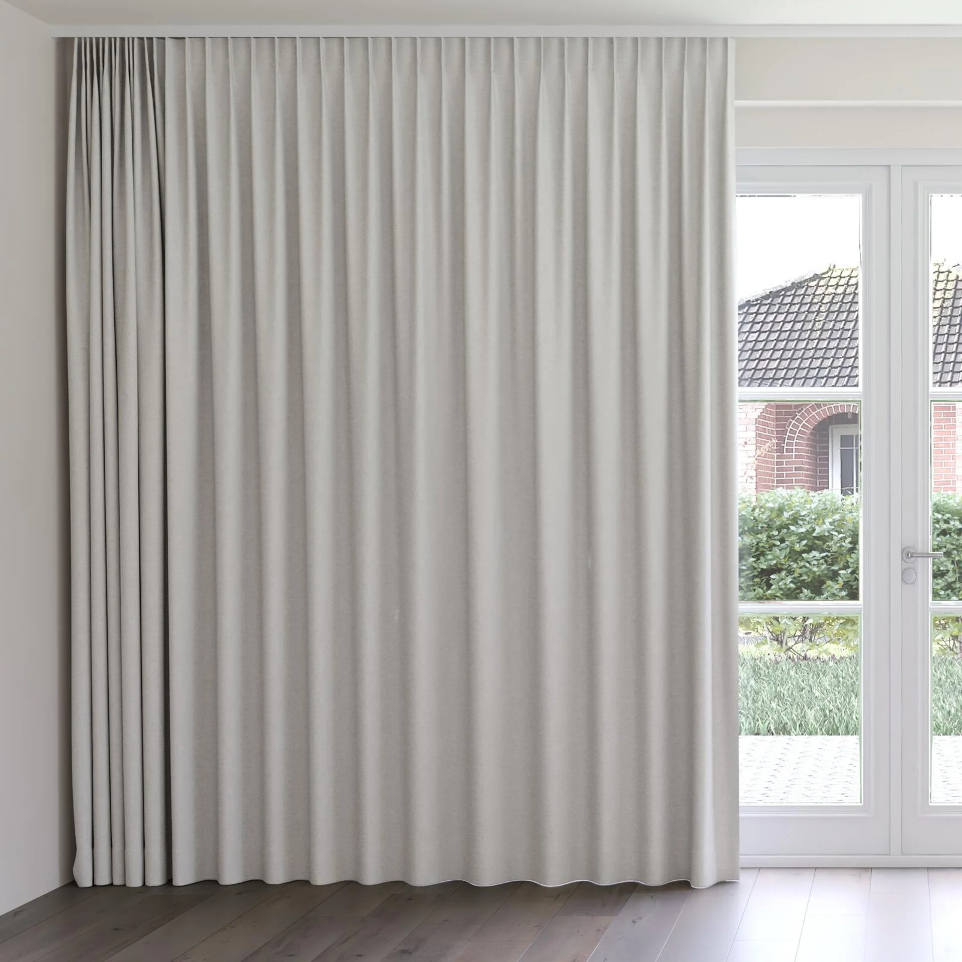 Front view of Obi Stonewash Silver Birch, on curtain rail