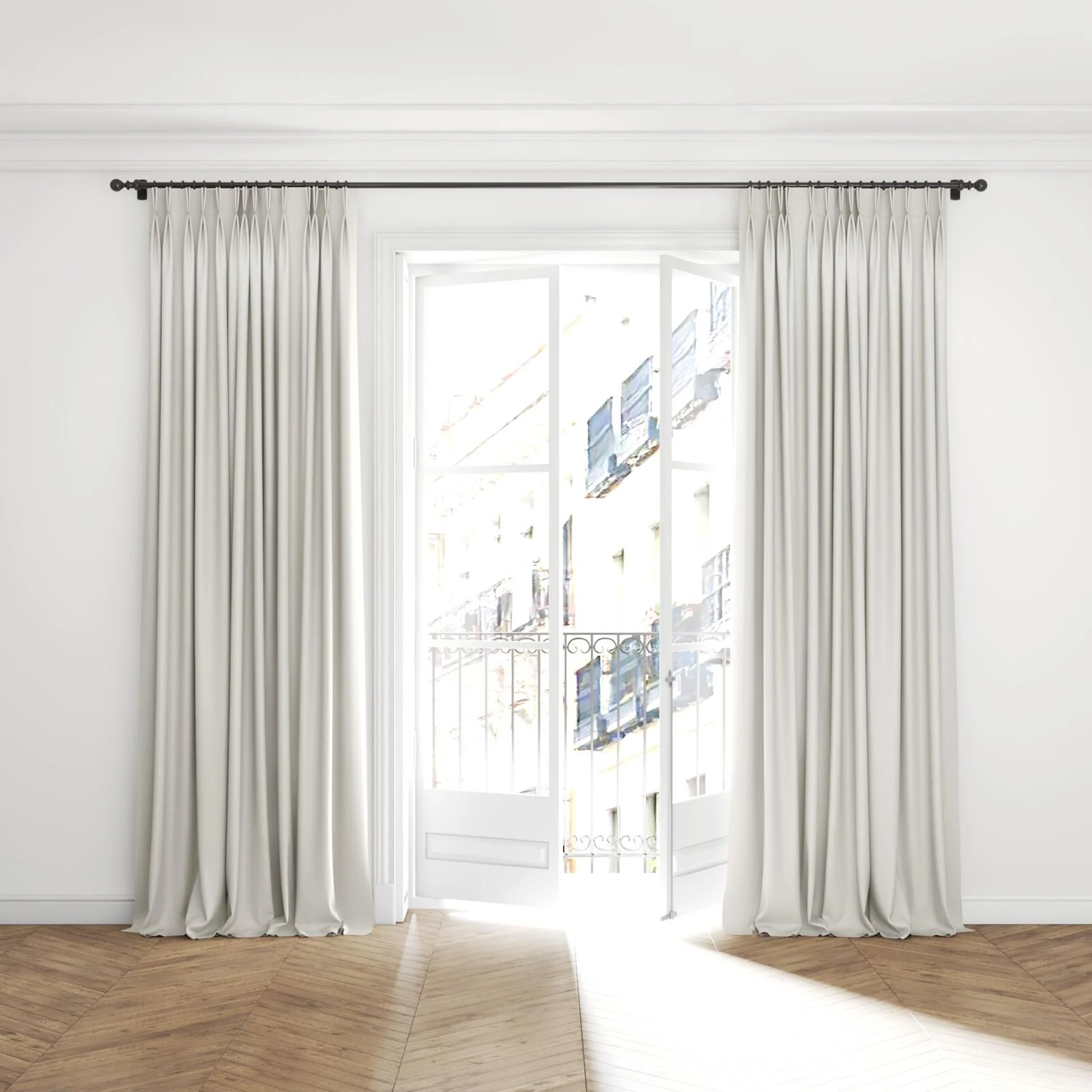 Full view of Urban Shell, puddled with pinch pleat, on curtain rod