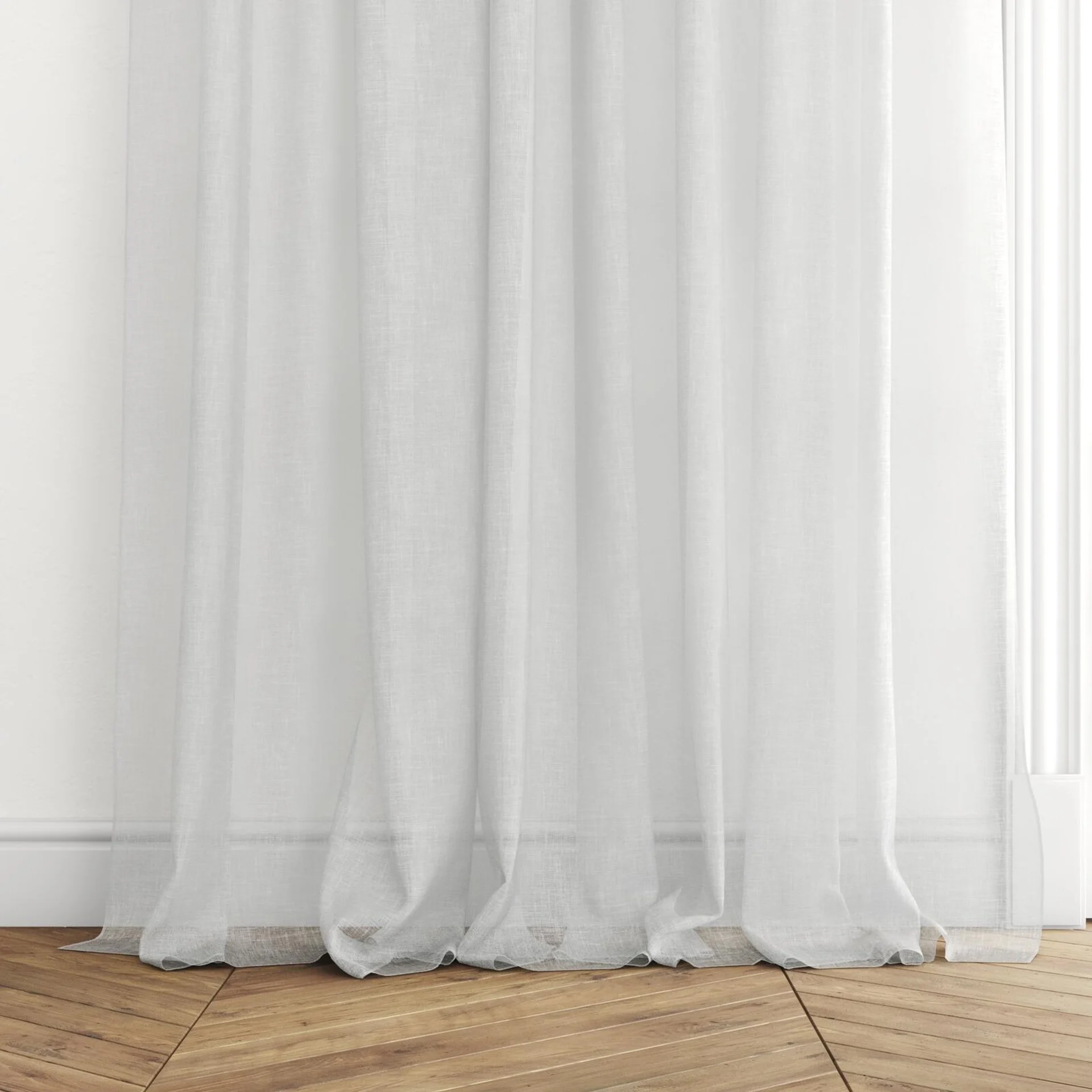 Bottom view of Natura Recycled Alabaster, puddled with pinch pleat, on curtain rod