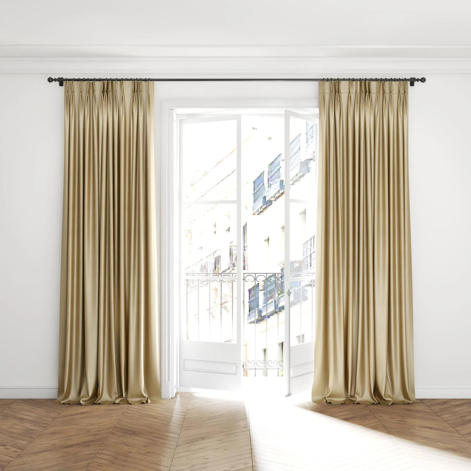 Full view of Mont Blanc Walnut, puddled with pinch pleat, on curtain rod