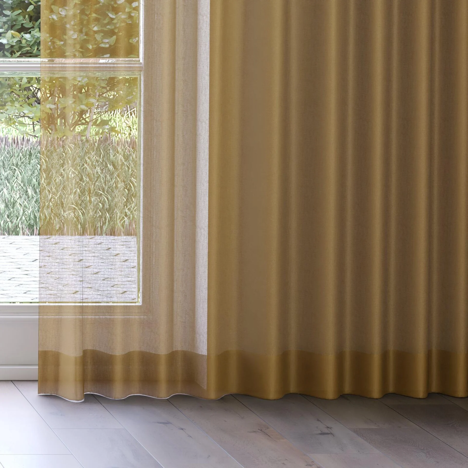 Bottom view of Reverie Ochre, on curtain rail