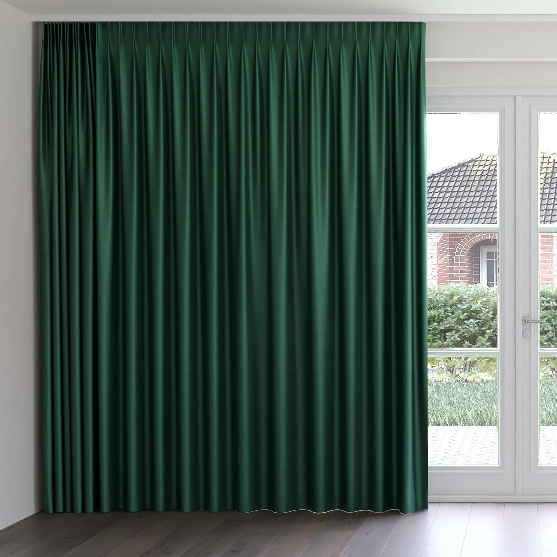 Front view of Warlock Emerald, on curtain rail