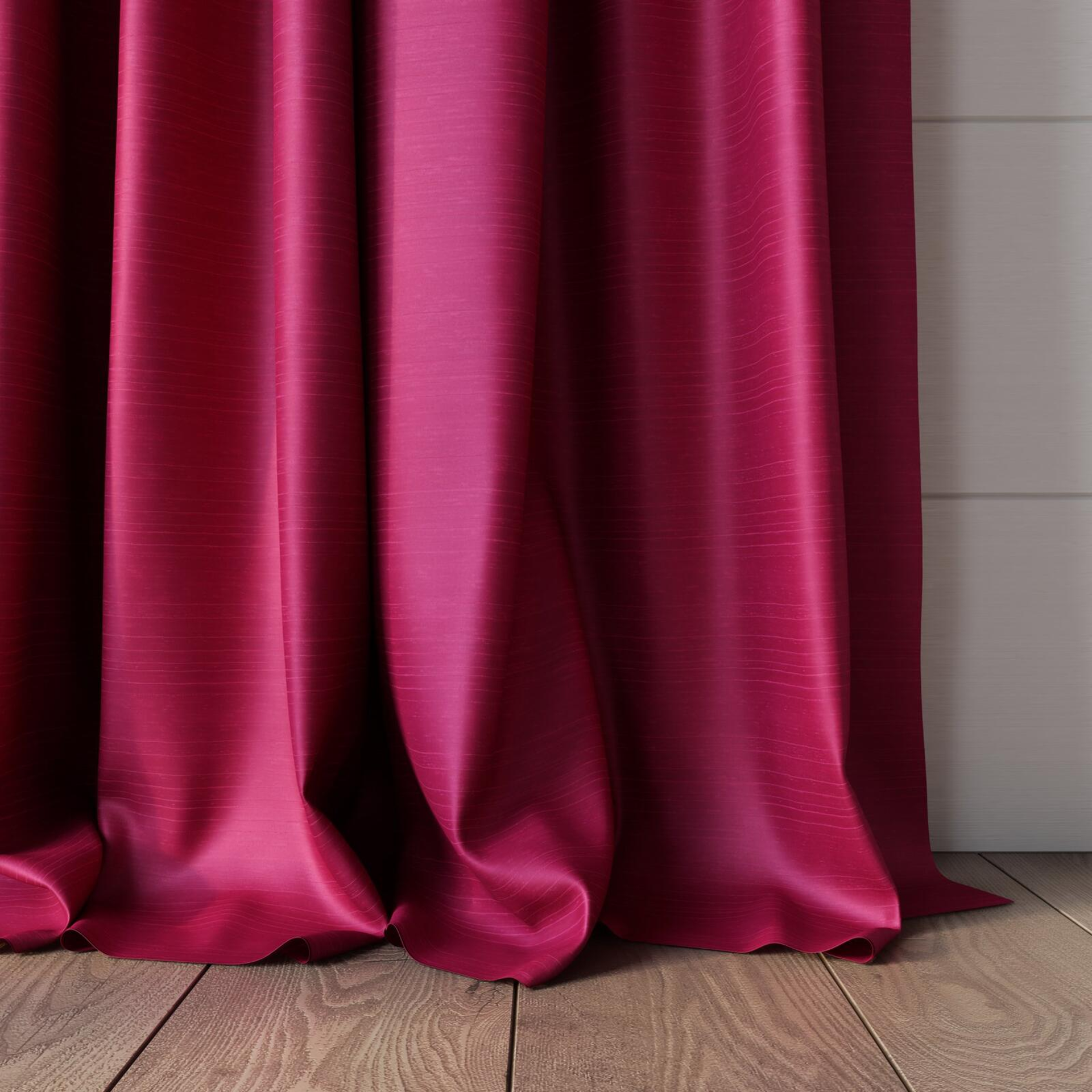Bottom view of Silky Magenta, puddled, on curtain rod