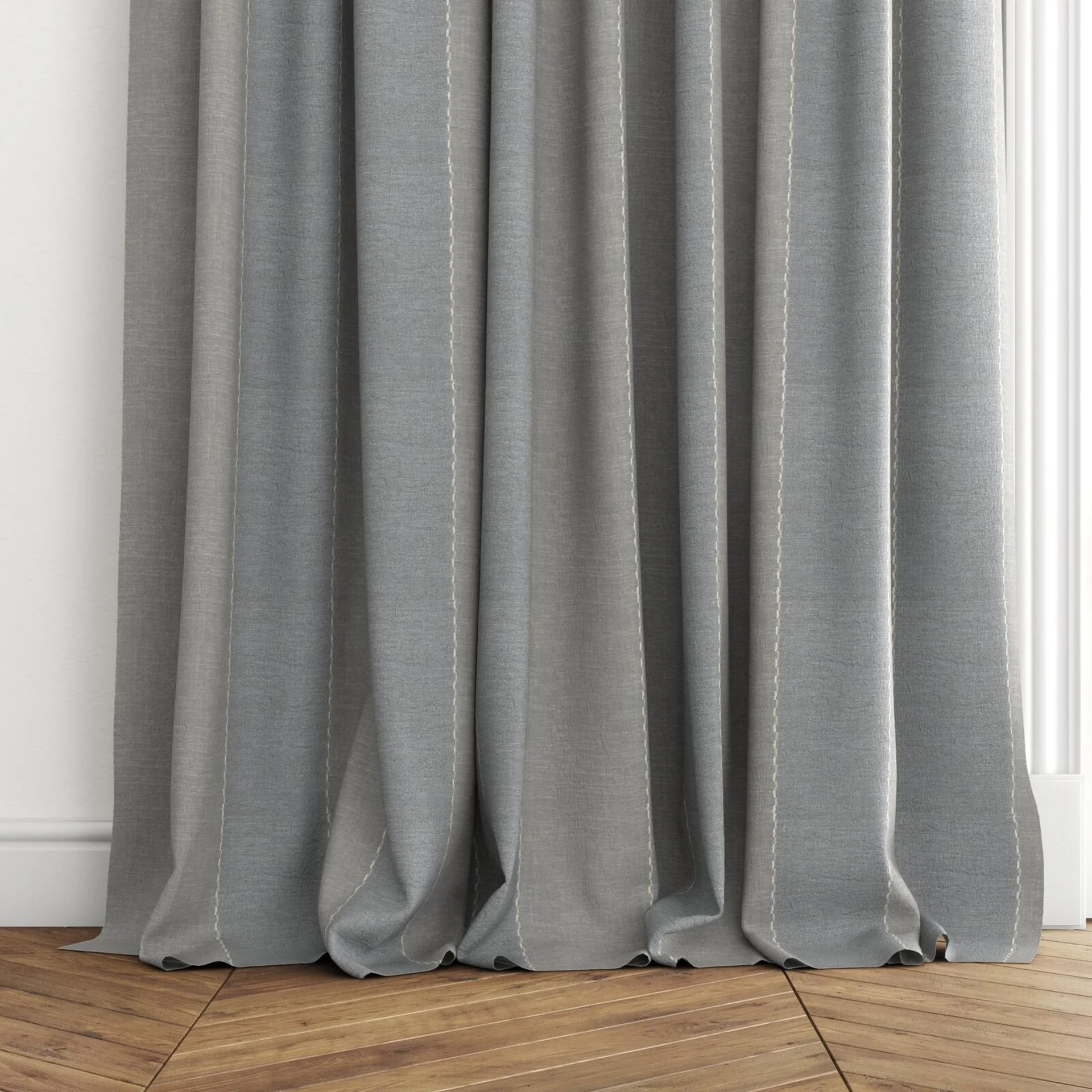 Bottom view of Zanella Folkstone, puddled with pinch pleat, on curtain rod